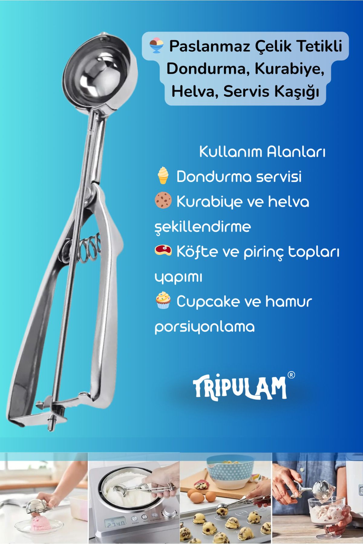 TRİPULAM Paslanmaz Çelik Tetikli Dondurma, Kurabiye, Helva, Servis Kaşığı