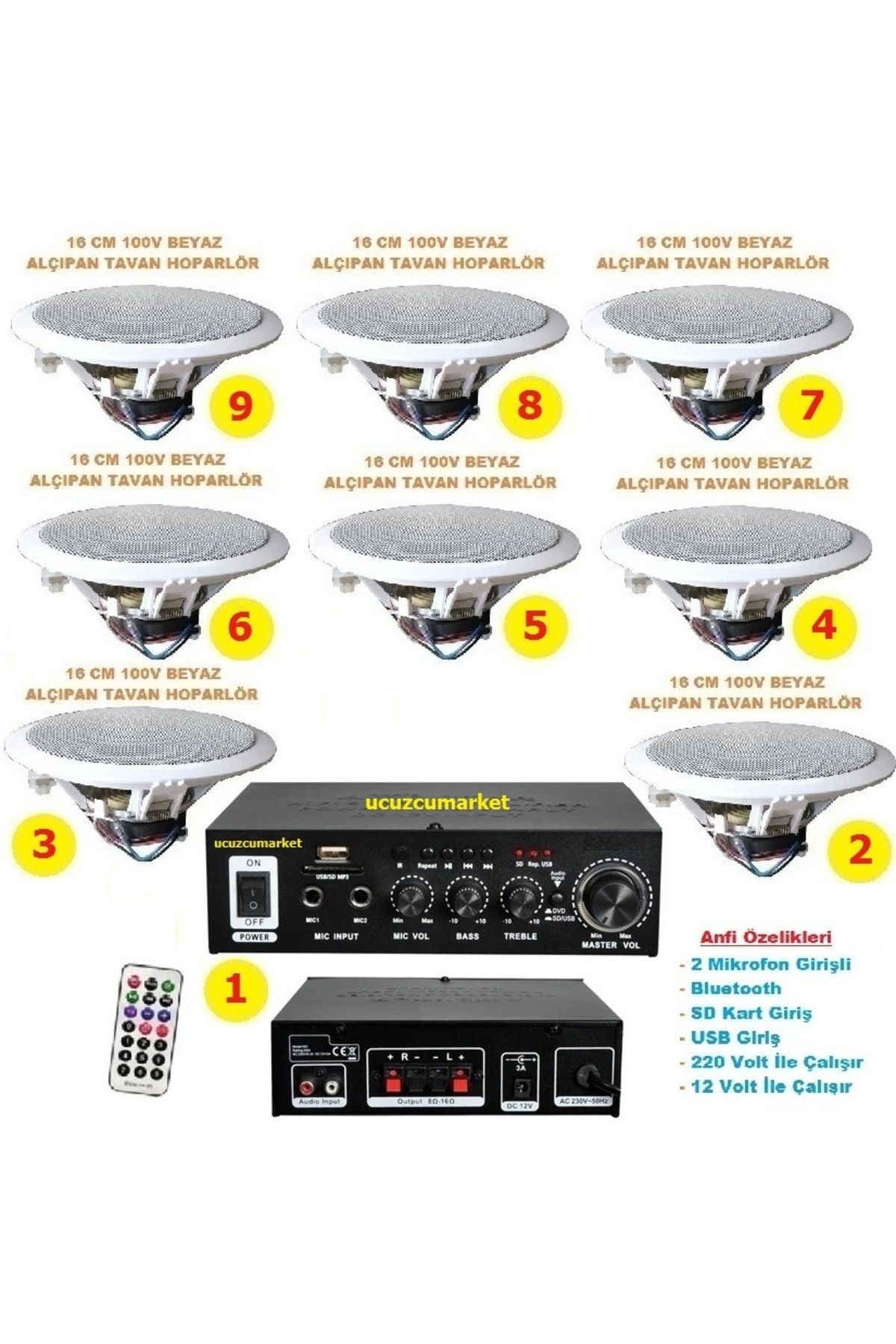 Kalite Tavan Hoparlör Seti (1 Adet Anfi+ 8 Adet 100V 16 cm Tavan Hoparlör)