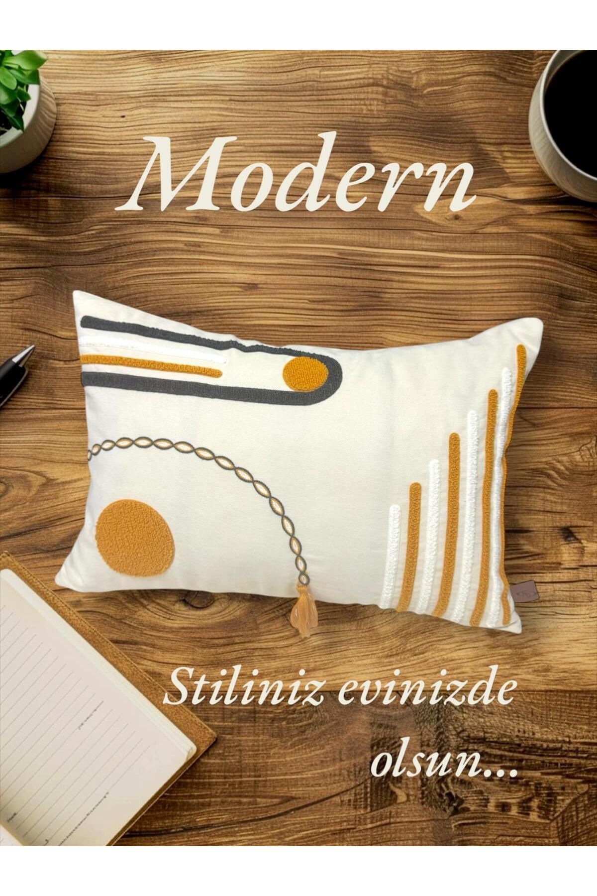 HD HOME COLLECTİON Keten Kumaş 35*50 cm Zincir ve Püsküllü Desen Punch Kırlent Kılıfı (Panç)