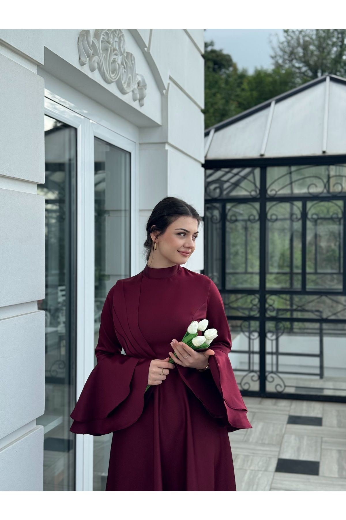 essolaria MİORA Kadın Bordo Kolları Volanlı Tesettür Elbise/Abiye