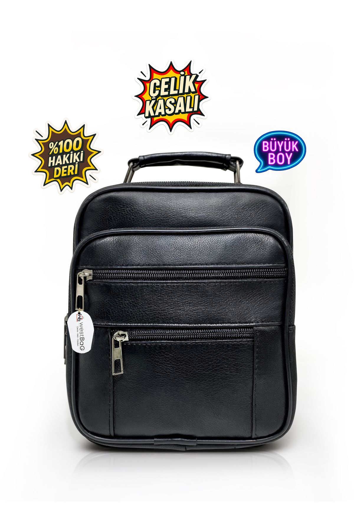 westbag Erkek Siyah Çelik Kasalı Hakiki Deri El Ve Omuz Çantası Ayarlanabilir Askılı Büyük Boy