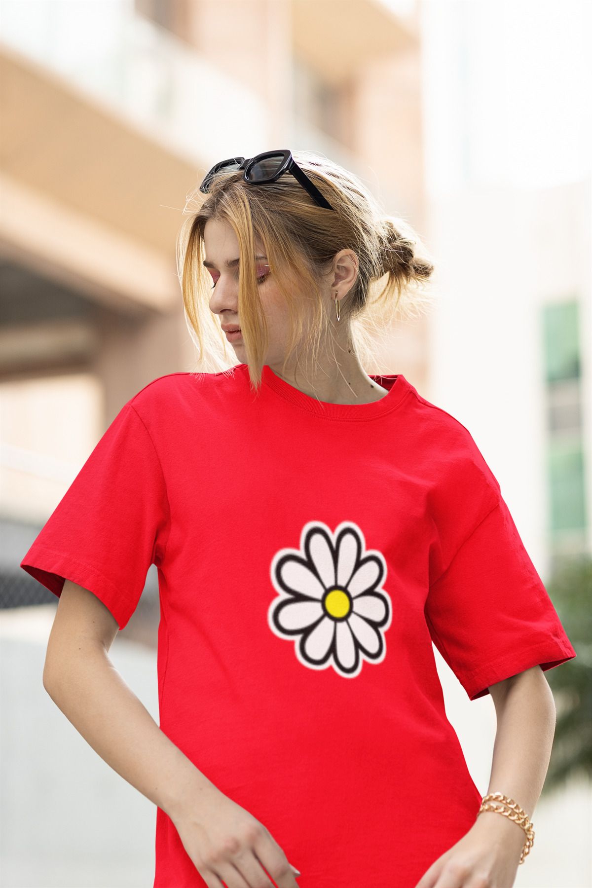 MG PAPATYA BASKILI KADIN BİSİKLET YAKA PAMUKLU OVERSIZE KALIP KISA KOLLU T-SHIRT