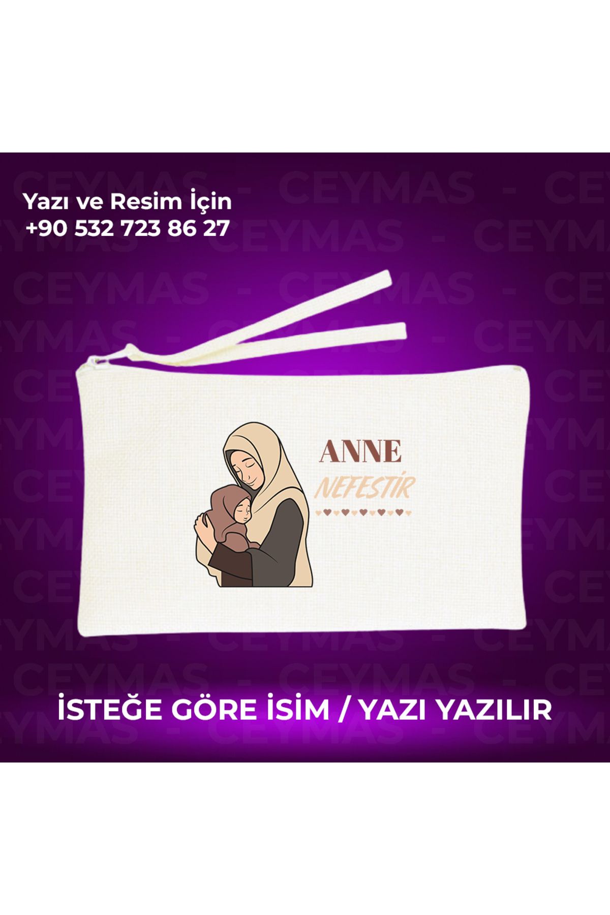 Ceymas Hediyelik İsme Özel Anne Nefestir Baskılı Keten Makyaj Çantası