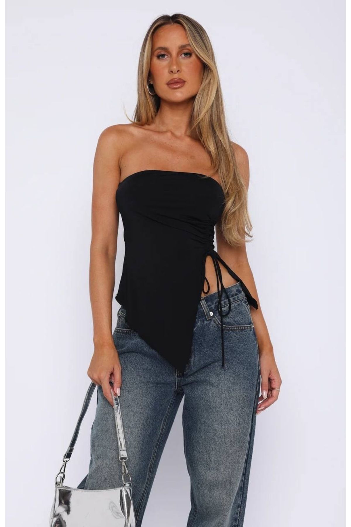 Sudelim butik Yanı ip büzgülü dekolteli straplez esnek bluz