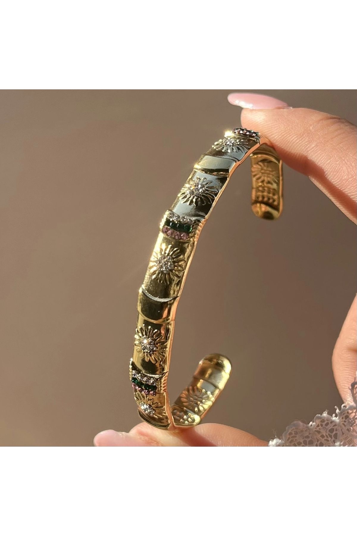 Vintagezegeni Renkli Taşlı Güneş Vintage Kelepçe Bileklik I Çelik