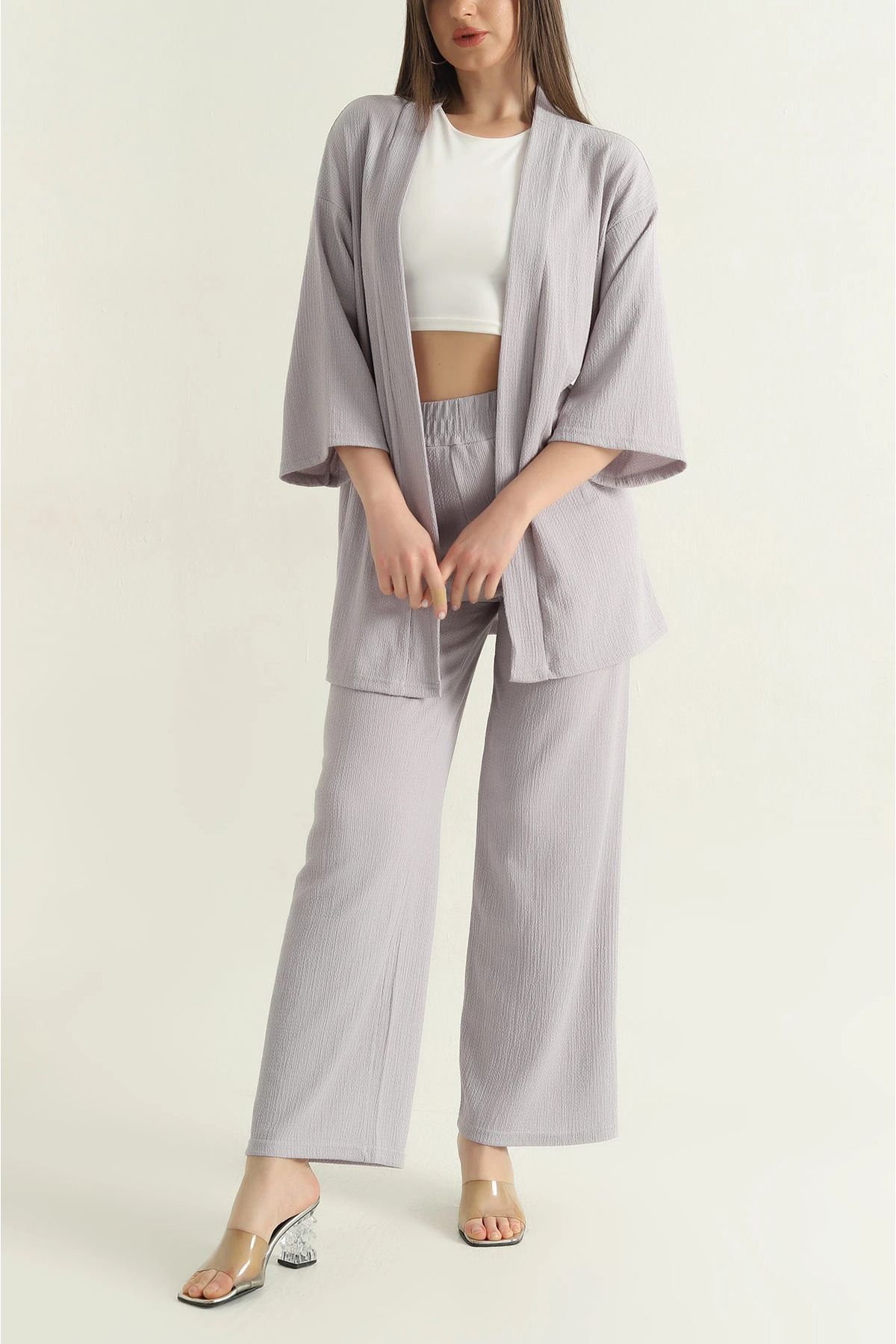 Secret Passion Lingerie Gri Krinkıl Kimono Pantolon Kadın İkili Takım