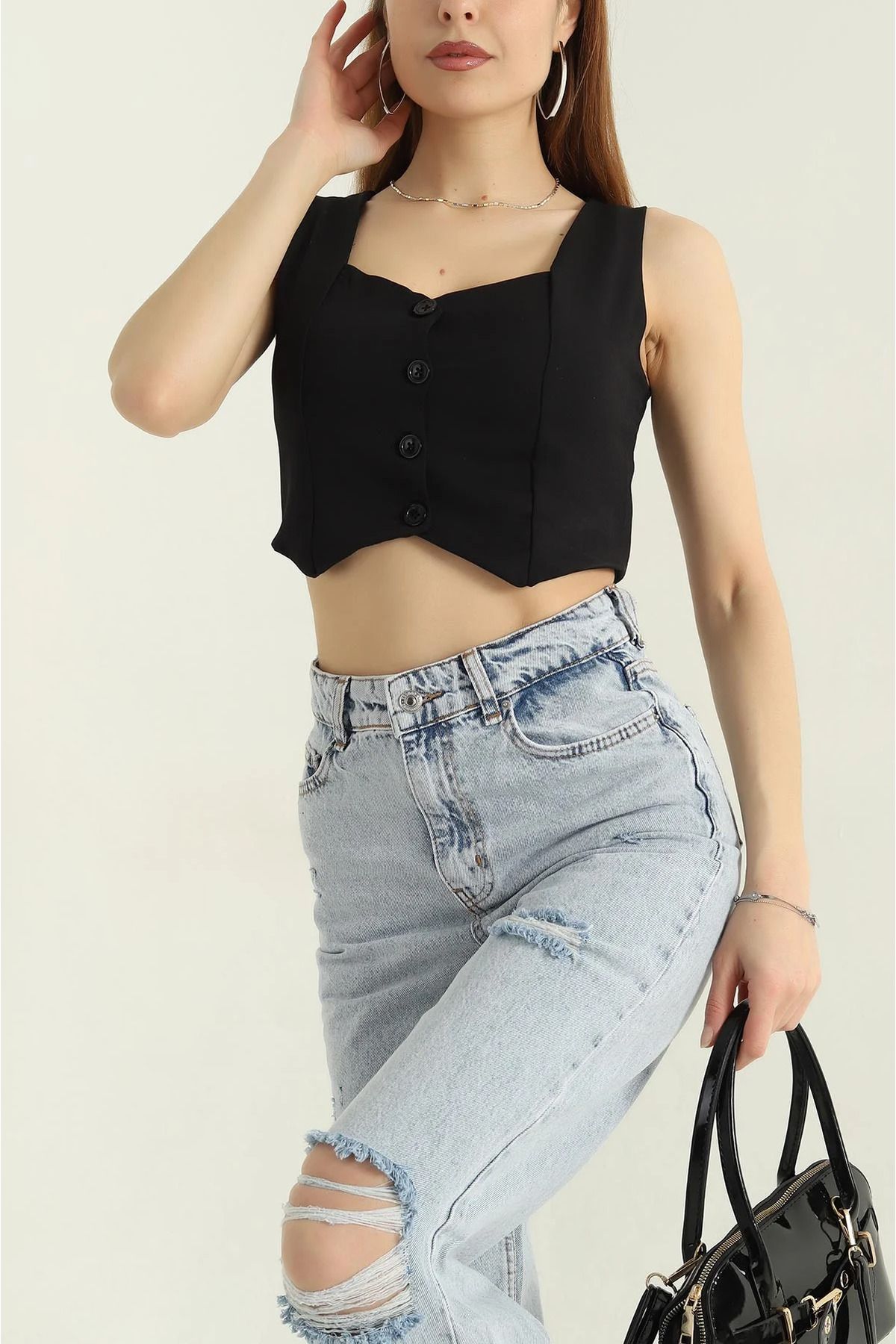 Secret Passion Lingerie Siyah Düğmeli Crop Kadın Yelek