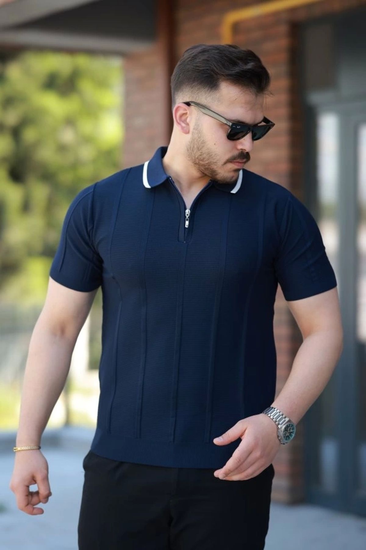 Kaplan Erkek Yakalı Fermuarlı Kısa Kollu T-shirt