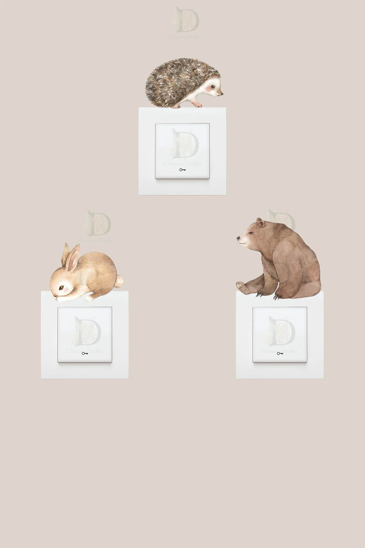 KT Decor Sevimli Hayvanlar Sulu Boya 3'lü Priz Sticker Seti