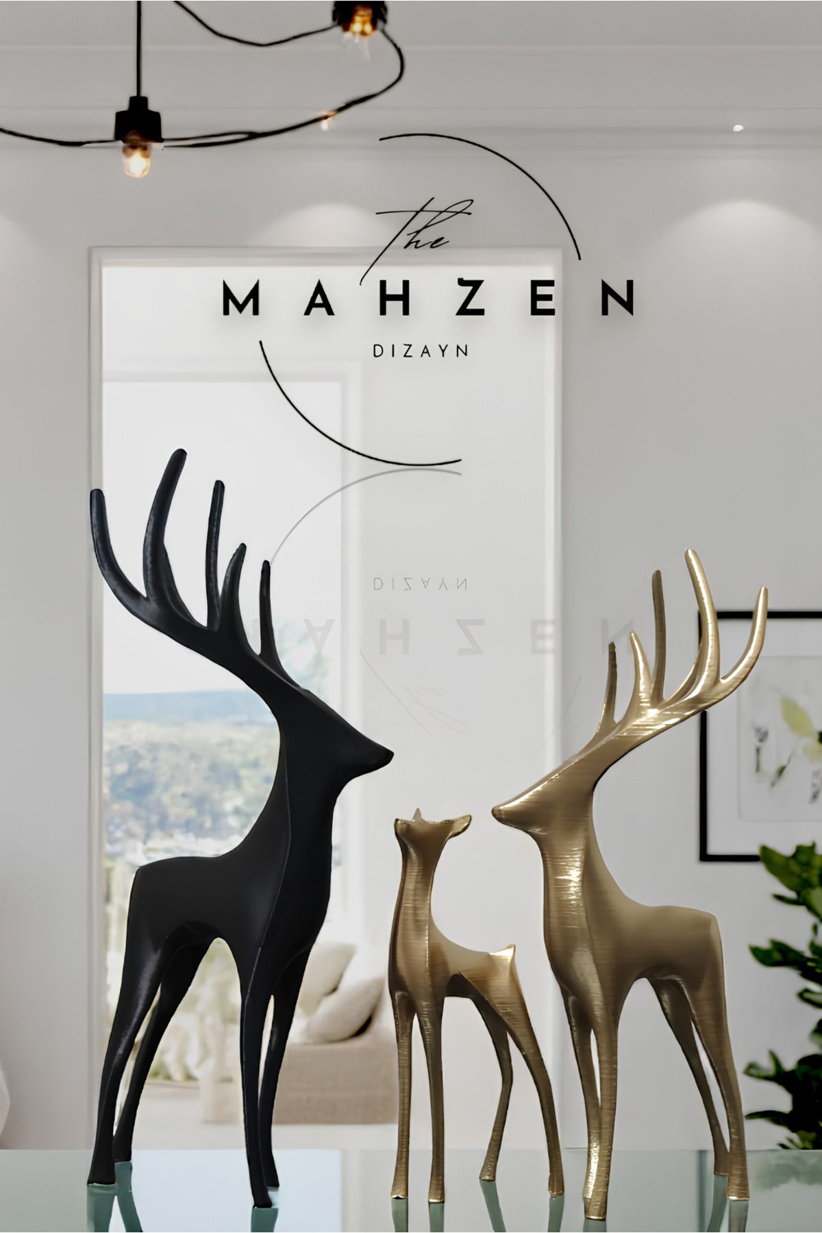 Mahzn Dizayn Soyut Geyik Aile Figürlü Modern Dekoratif Biblo Altın-Siyah Hediyelik 3Lü Set