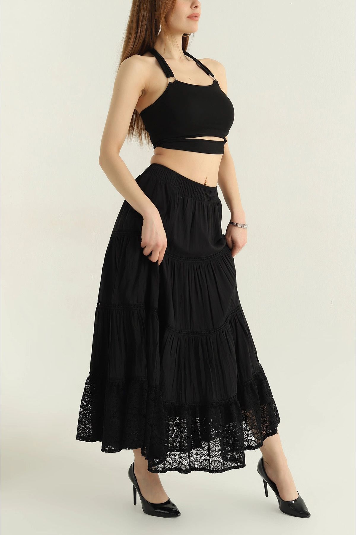 Secret Passion Lingerie Siyah Astarlı Bel Lastikli Kırışık Kumaş Kadın Etek