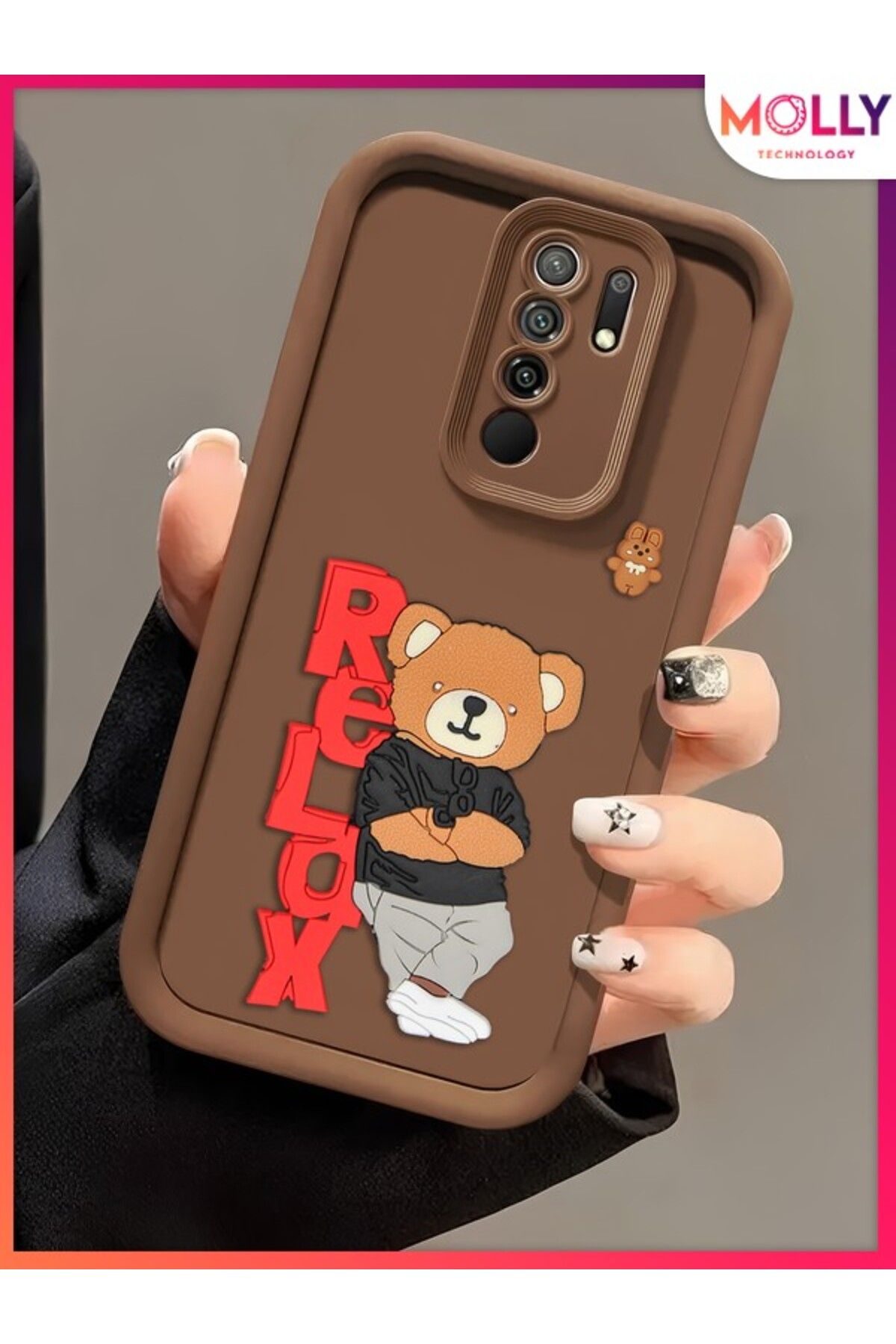Molly Xiaomi Redmi 9 İçin Fallow Brown Kenarları Kalın 3d Kabartmalı Teddy Bear Silikon Kılıf