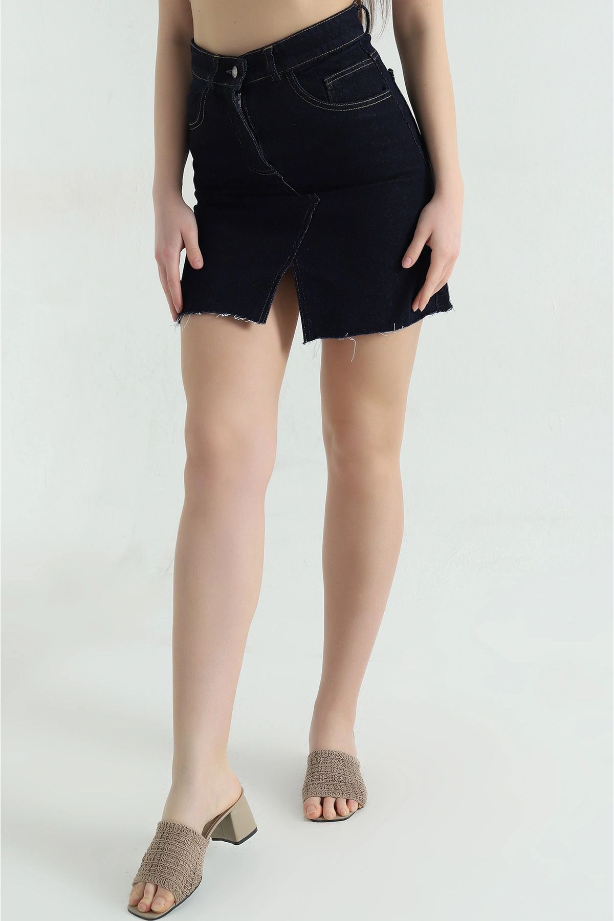 Secret Passion Lingerie Lacivert Yırtmaçlı Cep Detay Kadın Kot Etek