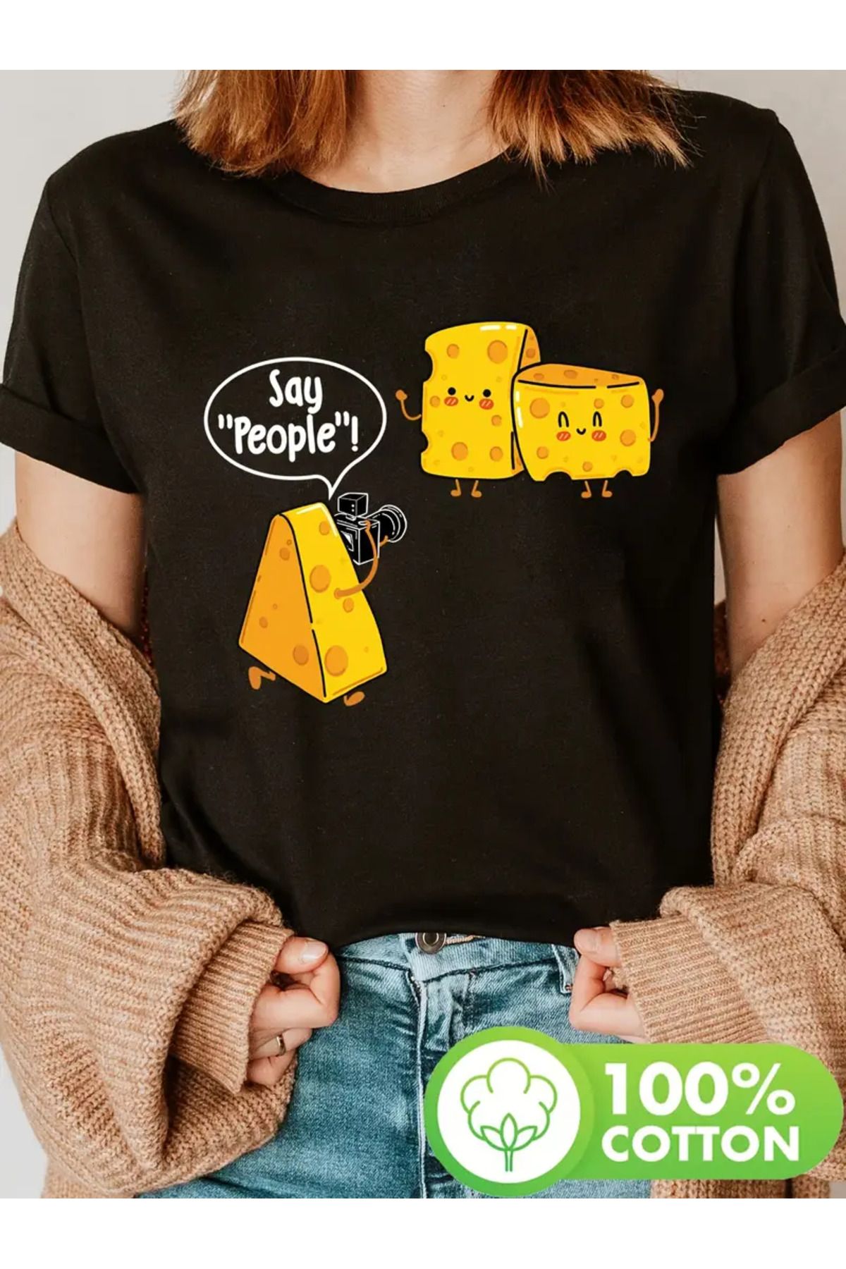 LUNAVISTA Peynir Baskılı Bisiklet Yaka Kısa Kol T-shirt
