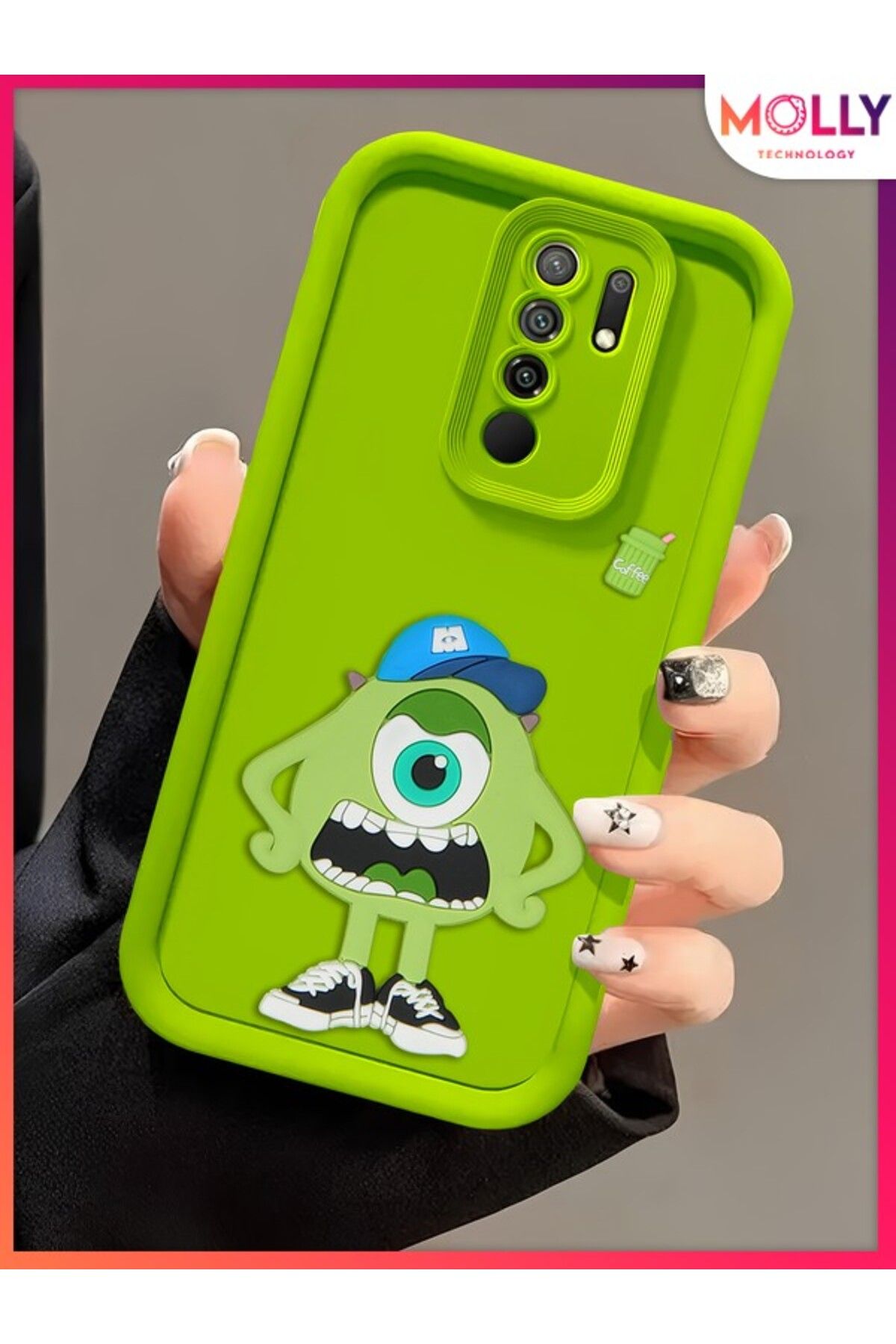 Molly Xiaomi Redmi 9 İçin Yeşil Kenarları Kalın 3d Kabartmalı Sevimli Canavar Mike Silikon Kılıf