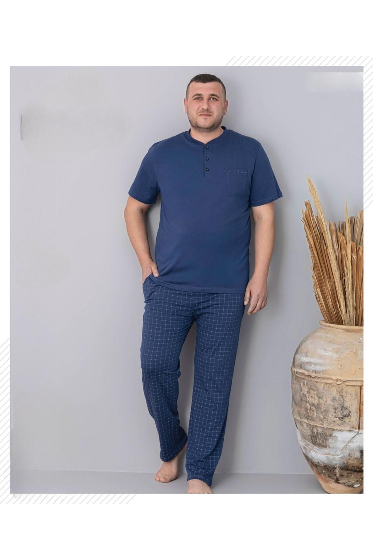 Pijamoni Erkek Battal Düğme Yaka Penye Kısa Kol Pijama Takımı 6730/1 - 1 Adet