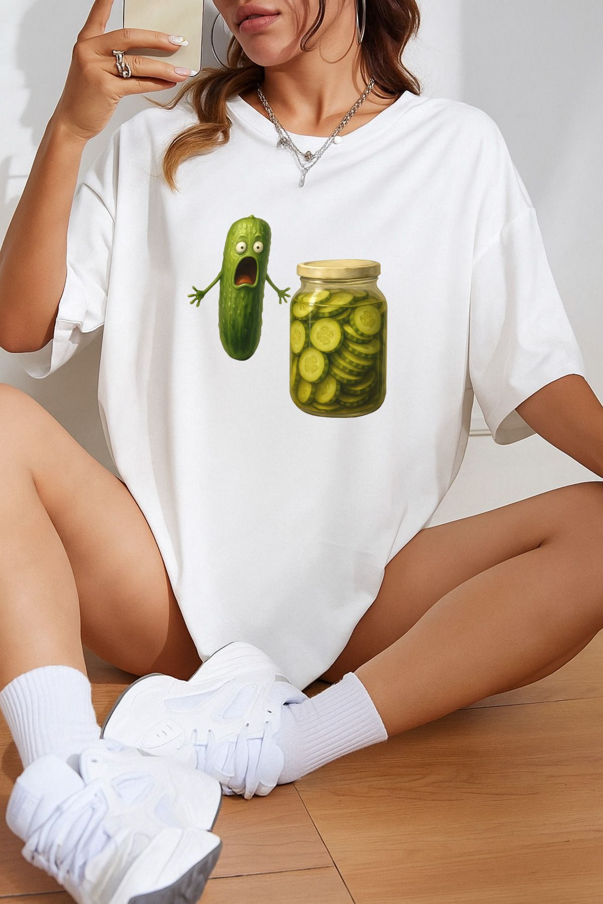 ArtWearDesign Kadın Beyaz Salatalık Baskılı %100 Pamuk Bisiklet Yaka Kısa Kol Süprem T-Shirt