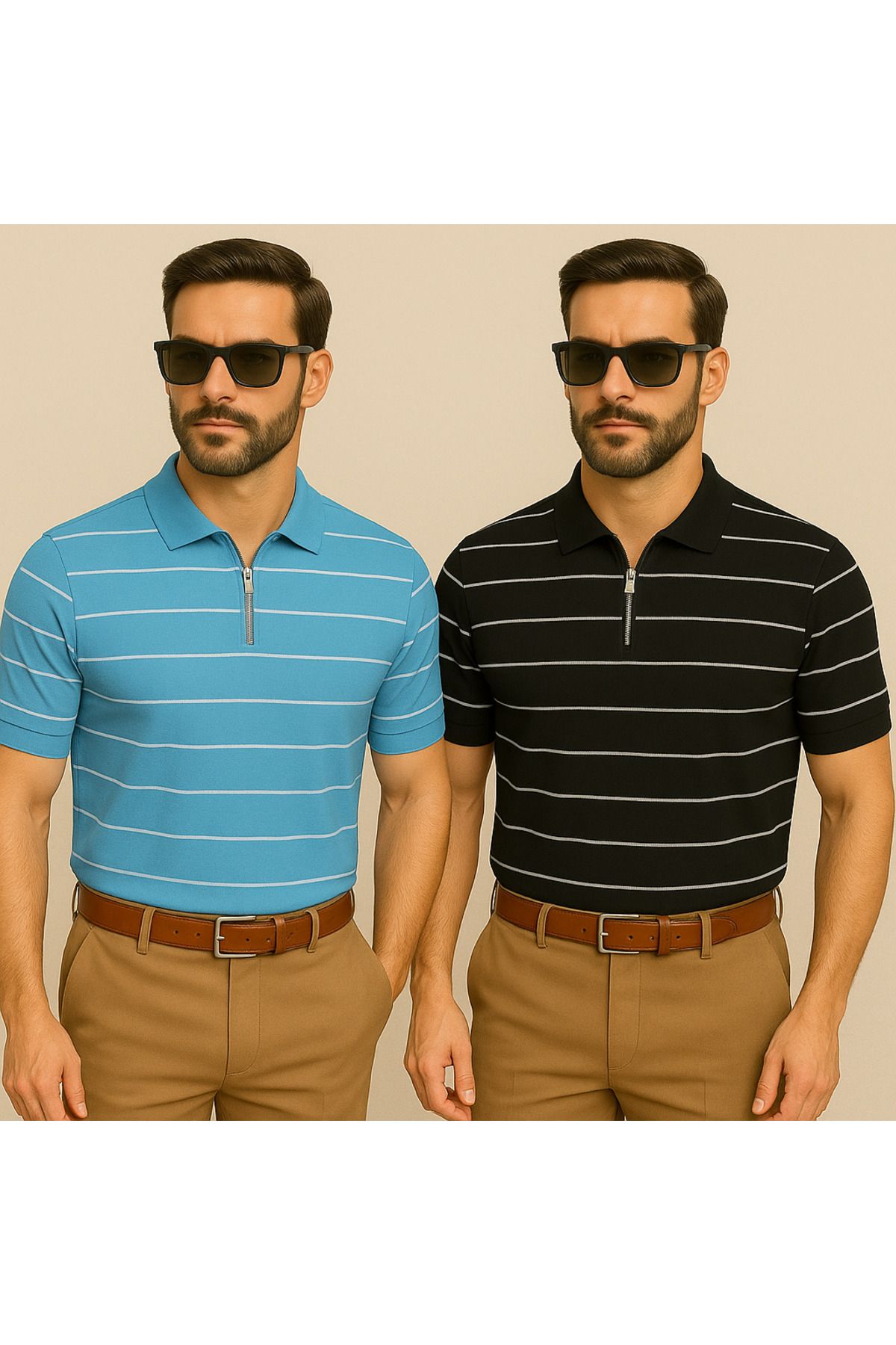 LC Waikiki Yarım Fermuar Triko Yatay Çizgi Desenli Erkek Polo Yaka T-Shirt 2'li Paket