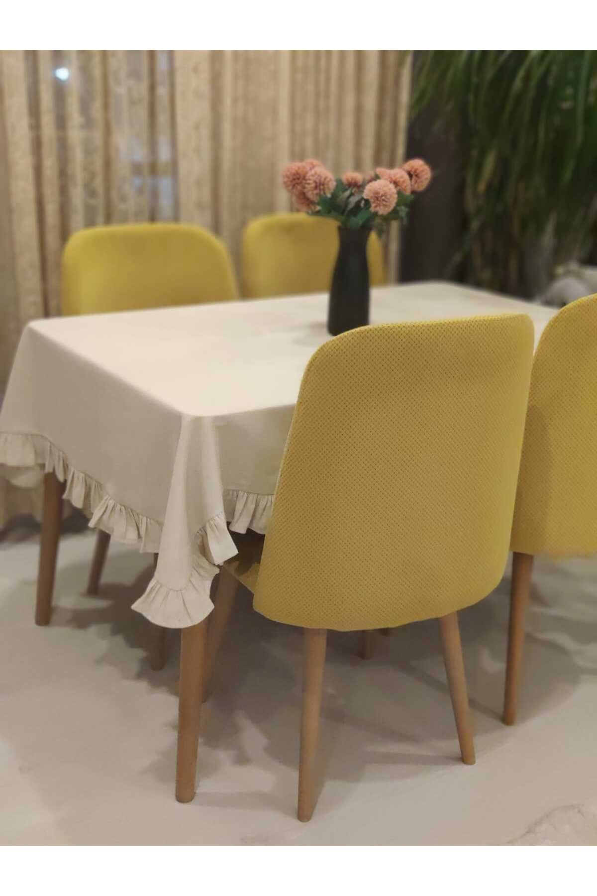 ELC TEKSTİL Buldan keten kumas 160x160 fırfır detaylı masa örtüsü