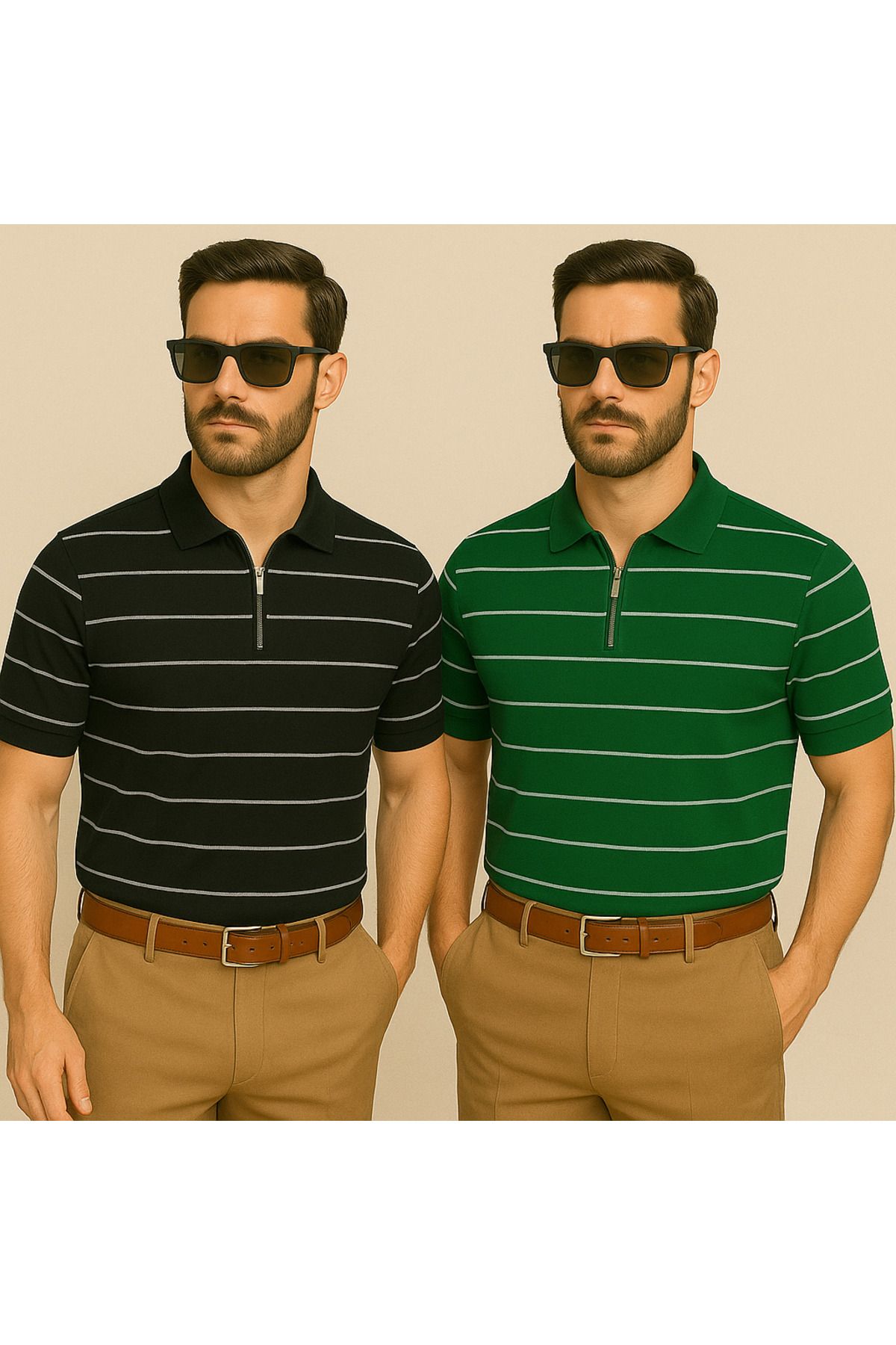 LC Waikiki Yarım Fermuar Triko Yatay Çizgi Desenli Erkek Polo Yaka T-Shirt 2'li Paket