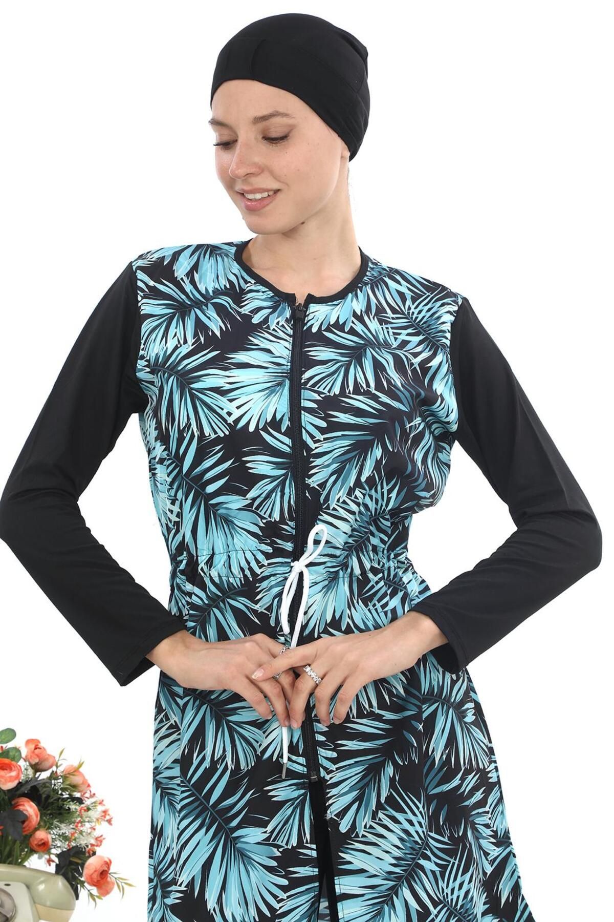 EB beachwear SU YEŞİLİ YAPRAK DESENLİ SU İTİCİ PARAŞÜT KUMAŞ TESETTÜR MAYO