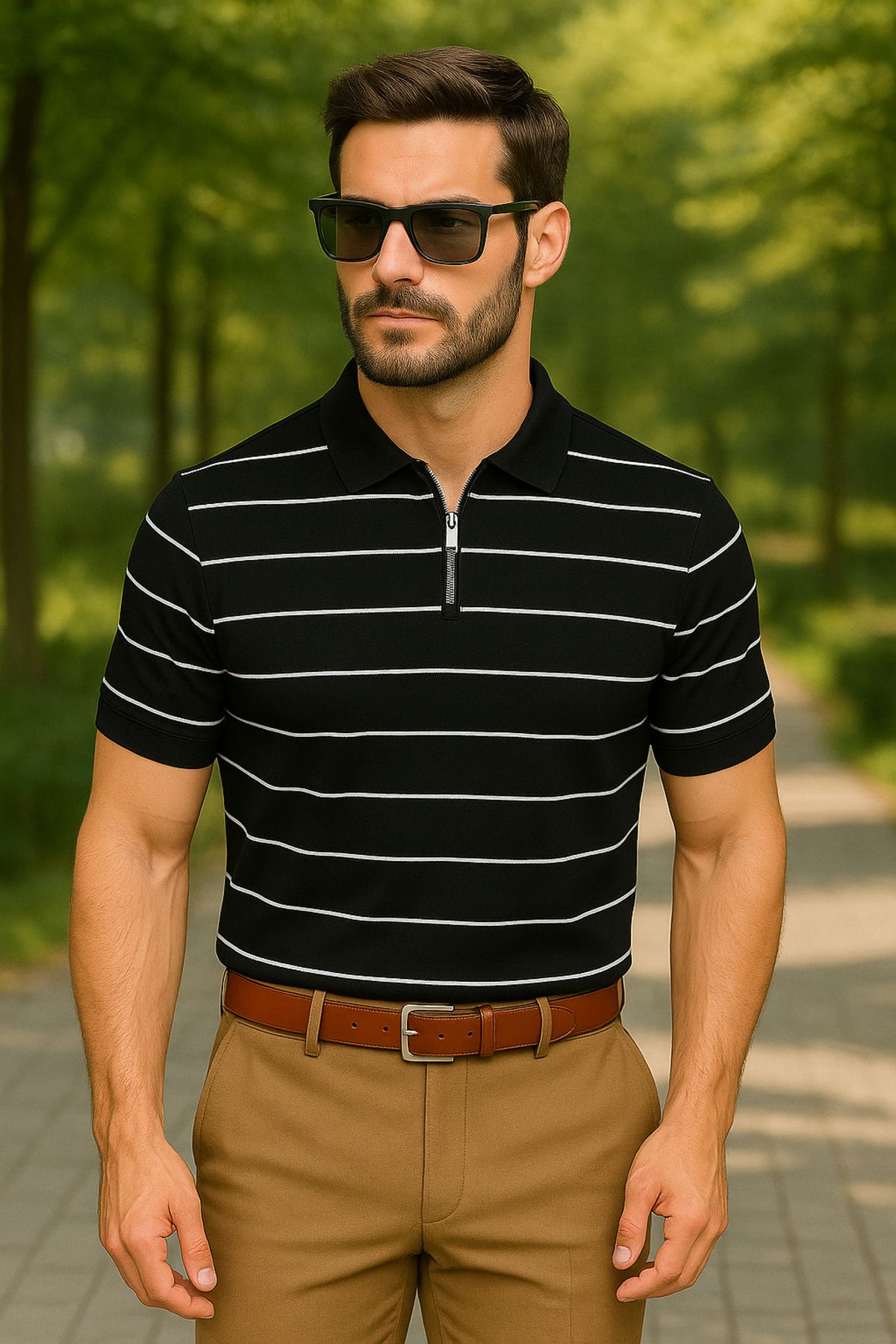 LC Waikiki Yarım Fermuar Triko Yatay Çizgi Desenli Erkek Polo Yaka T-Shirt