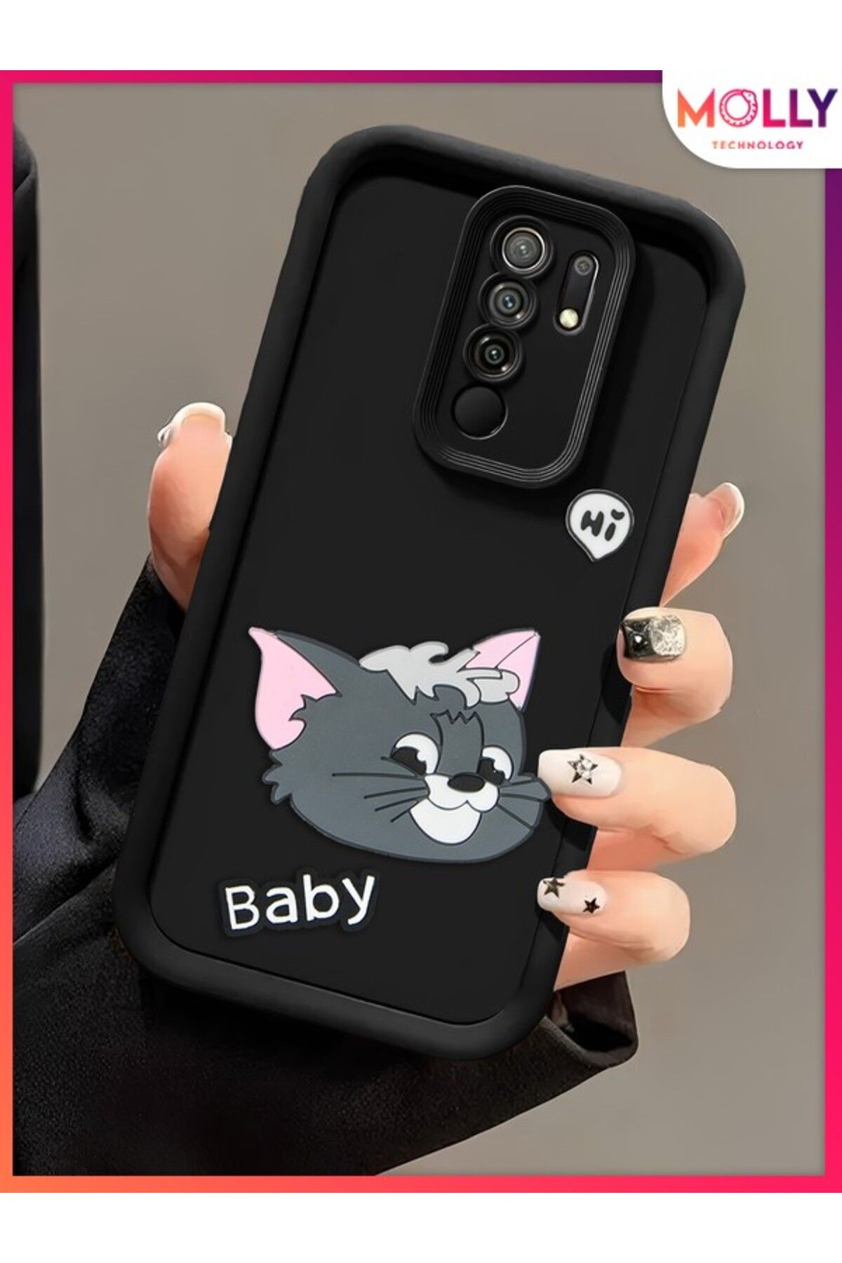 Molly Xiaomi Redmi 9 İçin Siyah Kenarları Kalın 3d Kabartmalı Baby Tom Silikon Kılıf