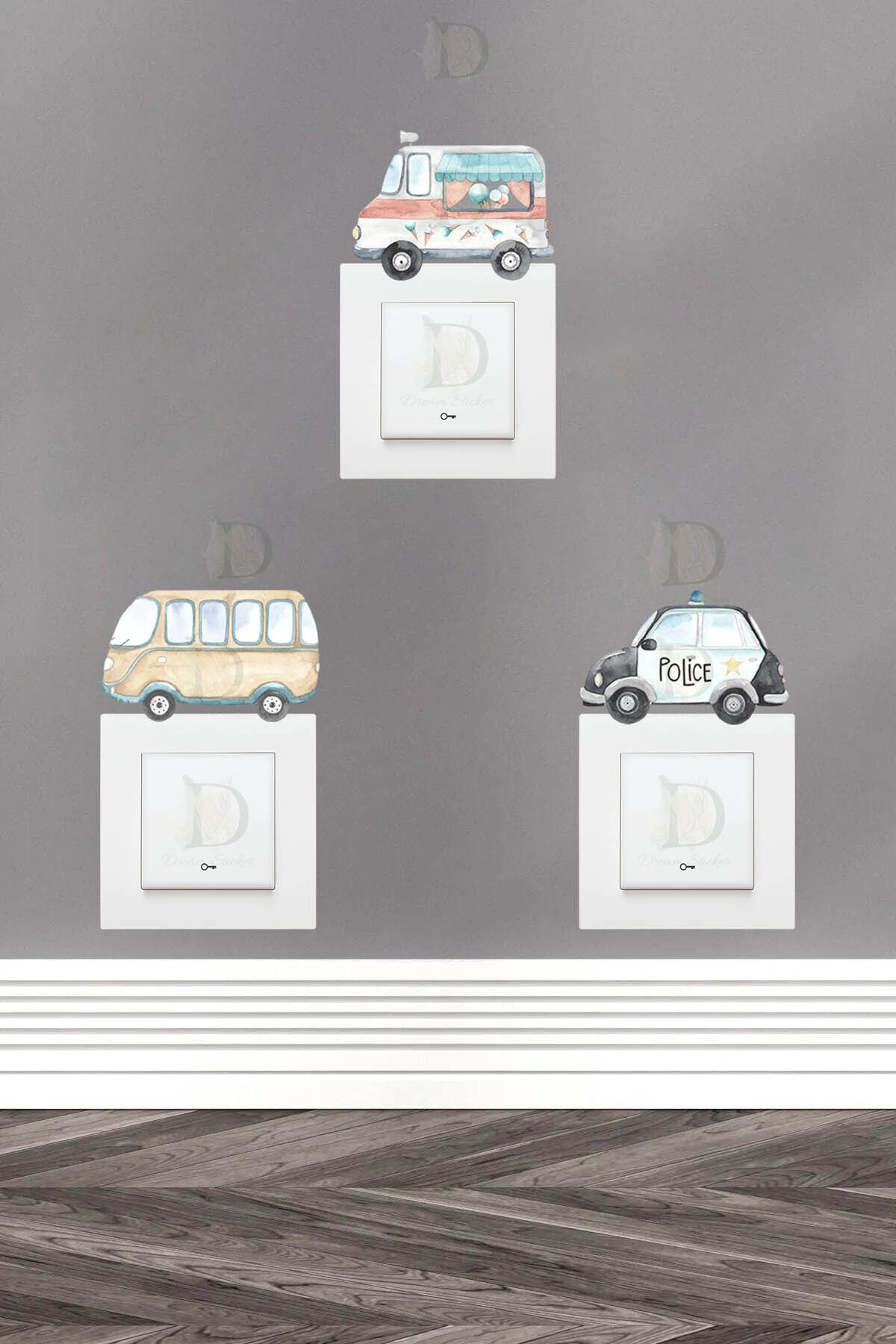 KT Decor Retro Arabalar 3'lü Priz Sticker Seti