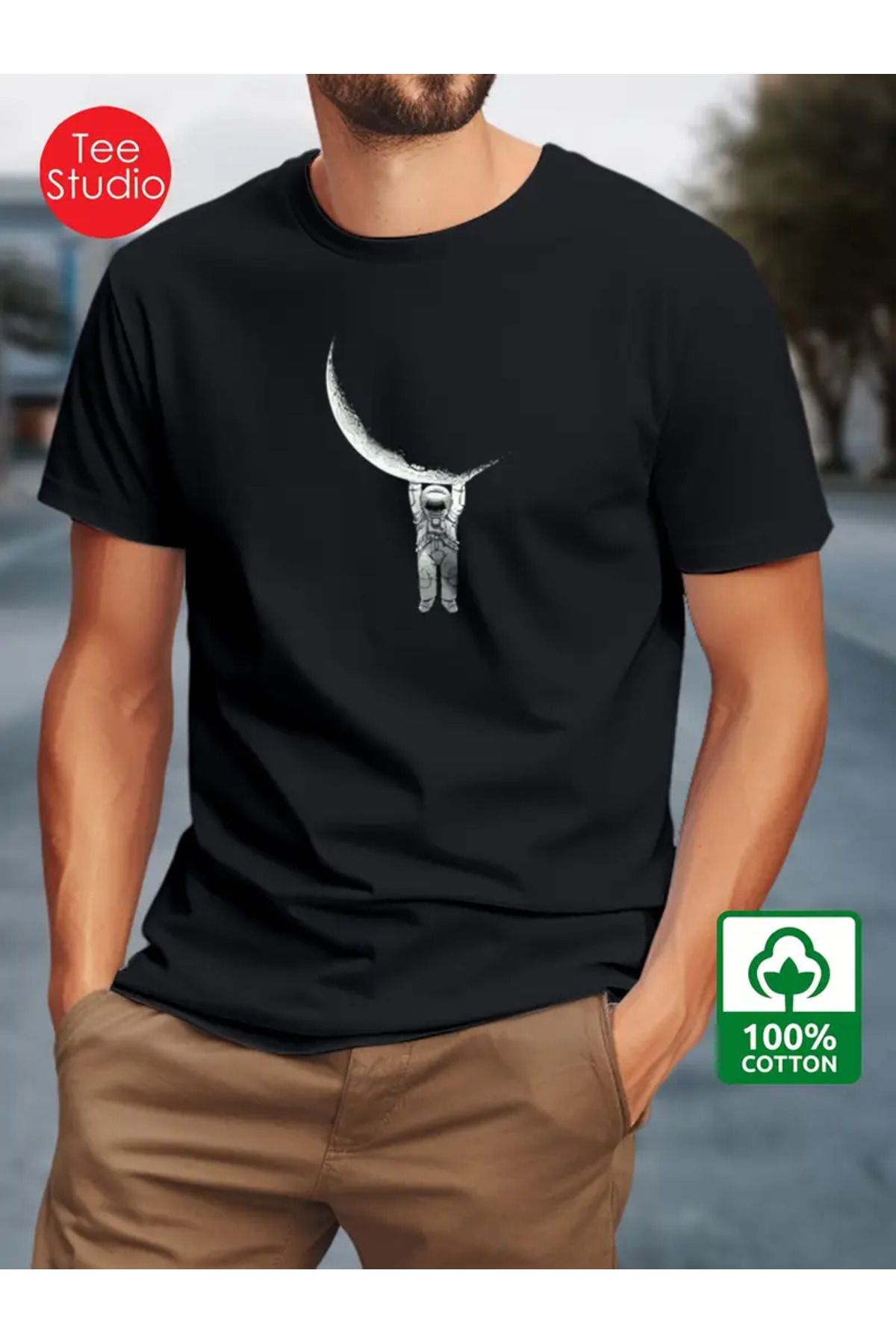 AEMİ Unisex Moon Astronaut Oversize Bisiklet Yaka T-shirt