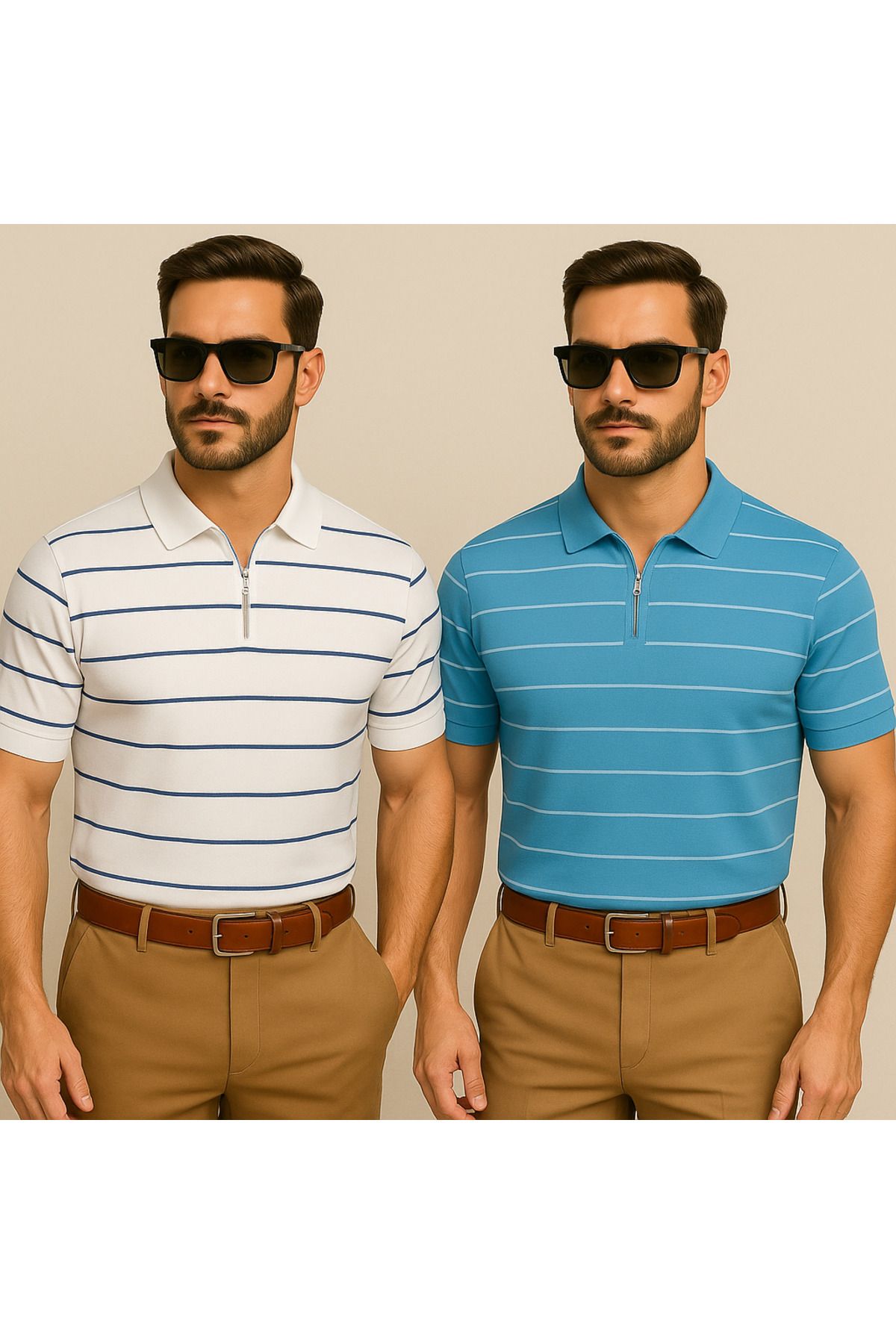 LC Waikiki Yarım Fermuar Triko Yatay Çizgi Desenli Erkek Polo Yaka T-Shirt 2'li Paket