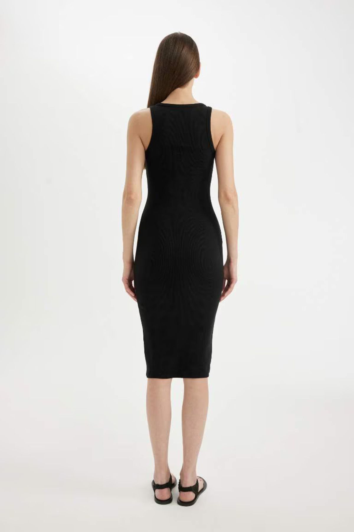 DeFacto Bodycon Halter Yaka Fitilli Kaşkorse Basic Düz Kolsuz Midi Elbise