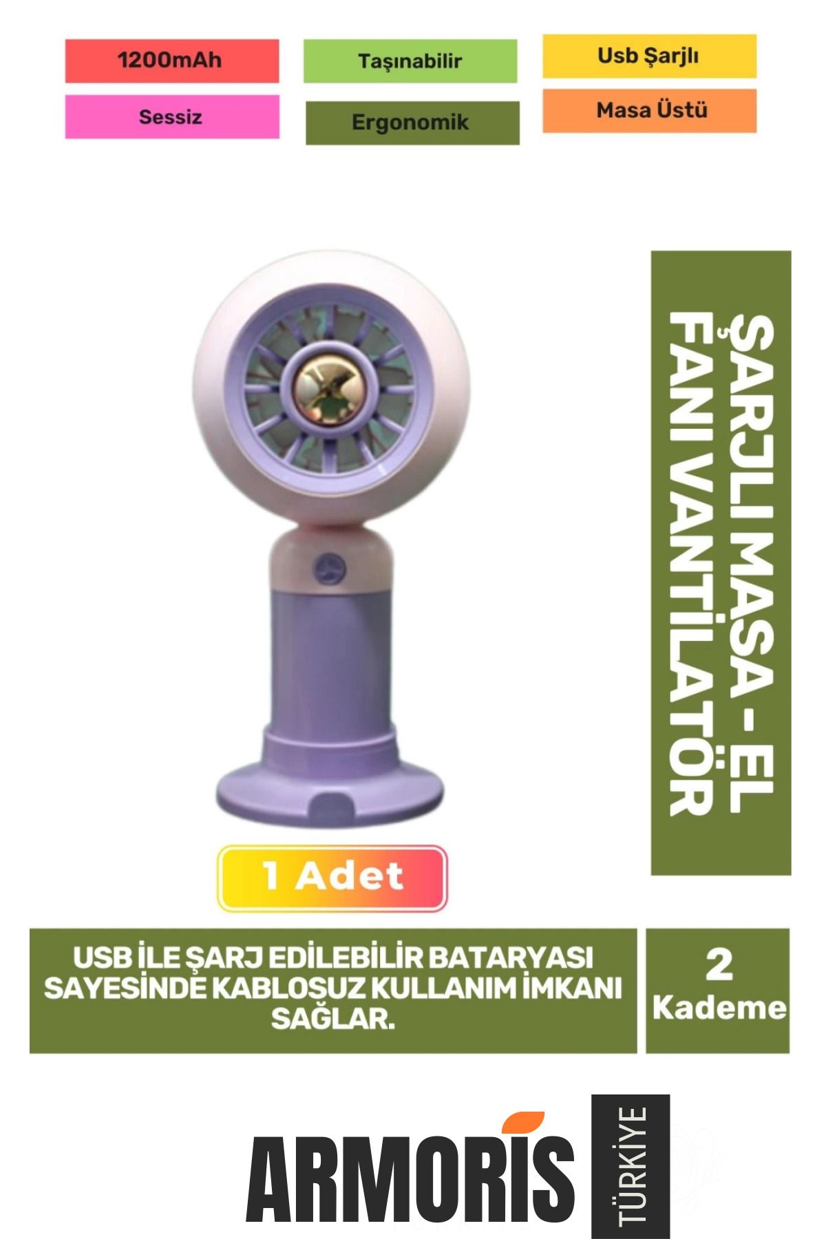 Armoris Yeni Seri Sessiz 2 Kademeli Hafif Kablosuz 1200mAh Taşınabilir Usb Şarjlı Masa El Fanı Vantilatör