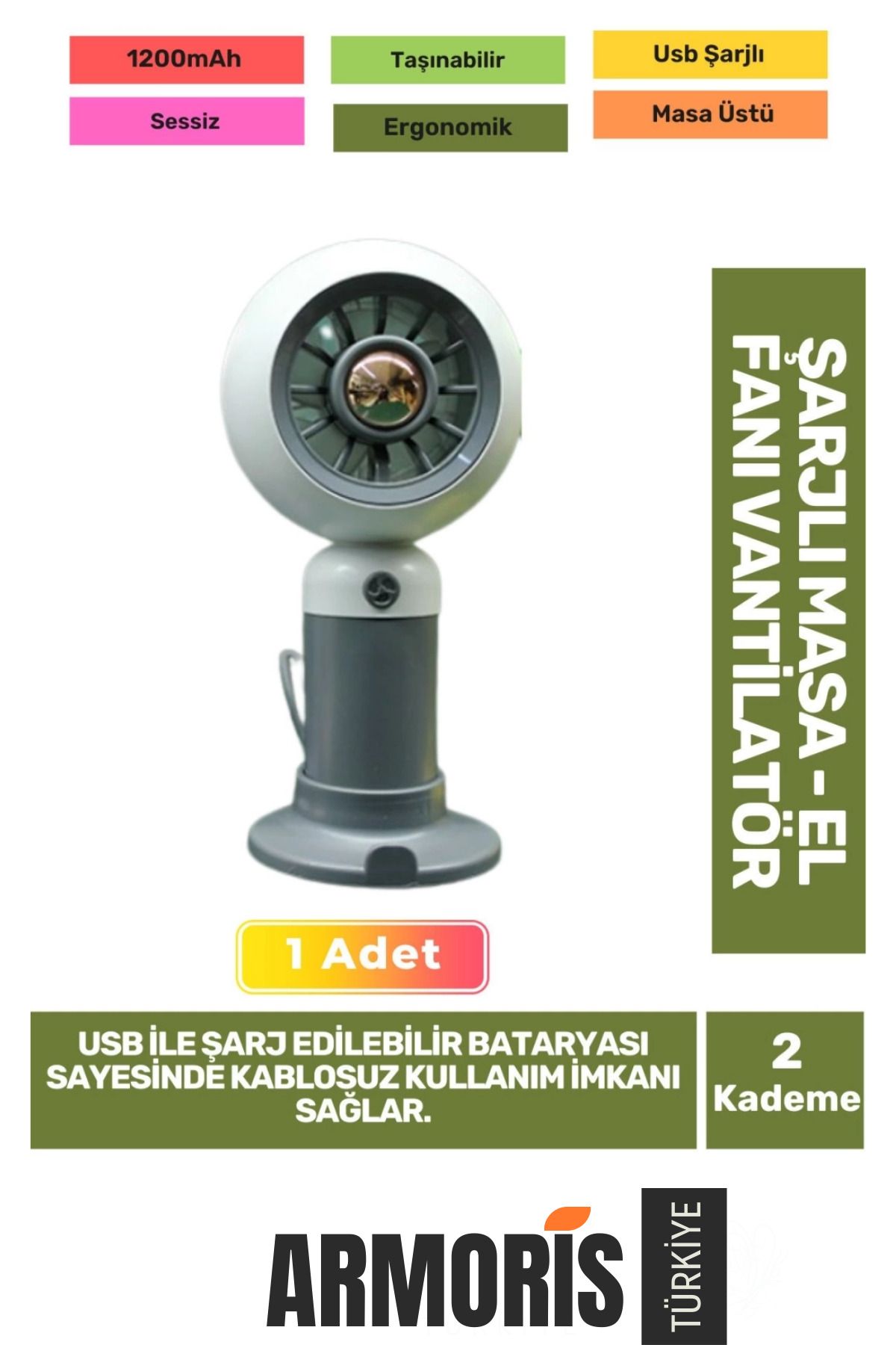 Armoris Yeni Seri Sessiz 2 Kademeli Hafif Kablosuz 1200mAh Taşınabilir Usb Şarjlı Masa El Fanı Vantilatör