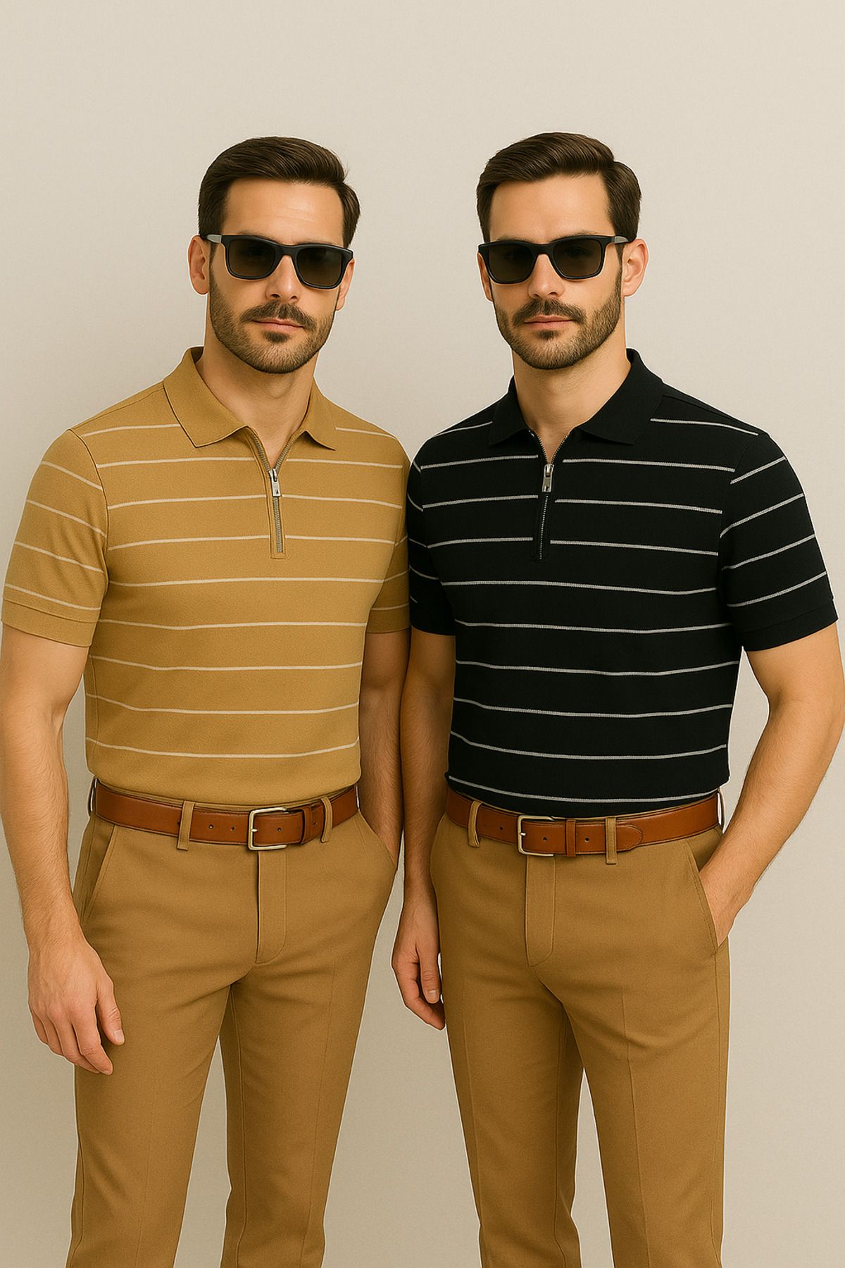 LC Waikiki Yarım Fermuar Triko Yatay Çizgi Desenli Erkek Polo Yaka T-Shirt 2'li Paket