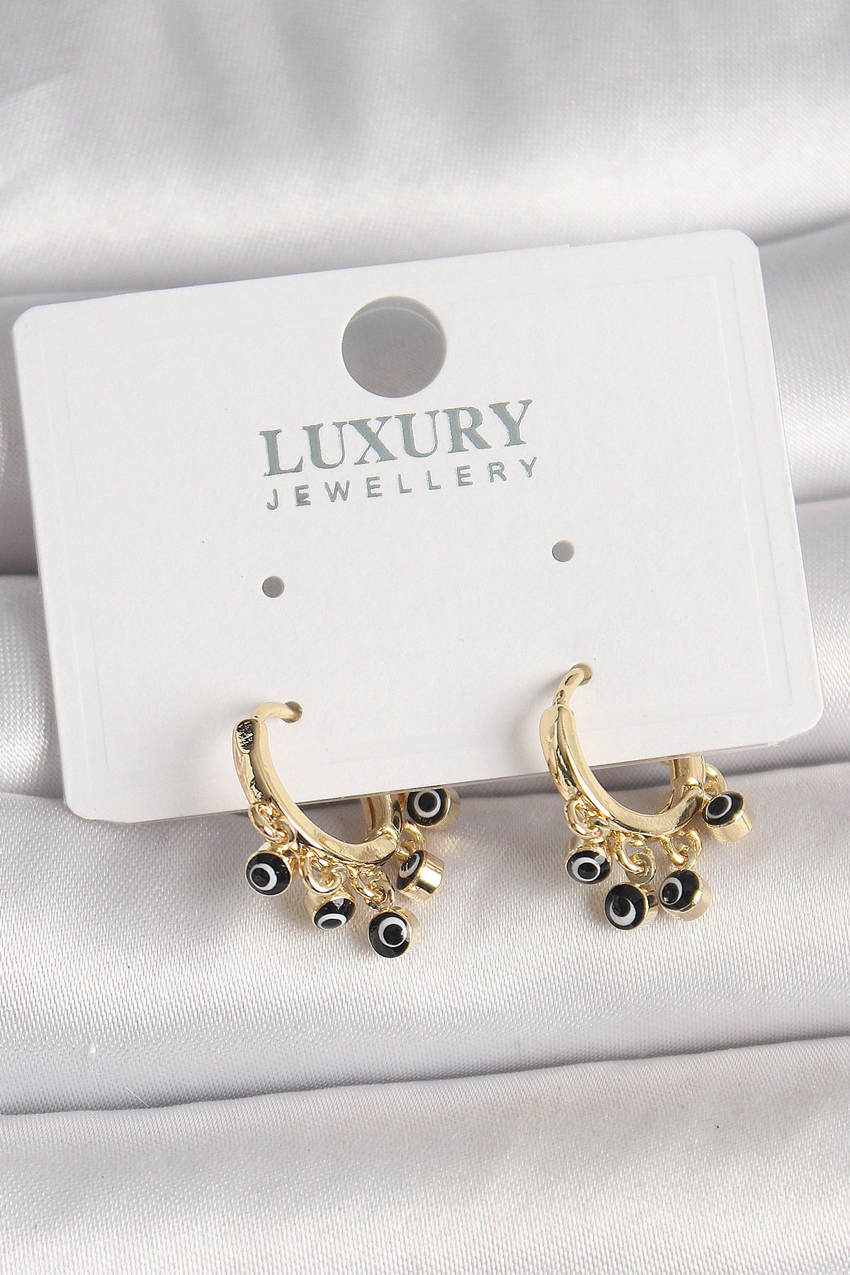 LovelymCo Pirinç Gold Renk Sallantı Nazar Boncuklu Kadın Küpe - Lisinya