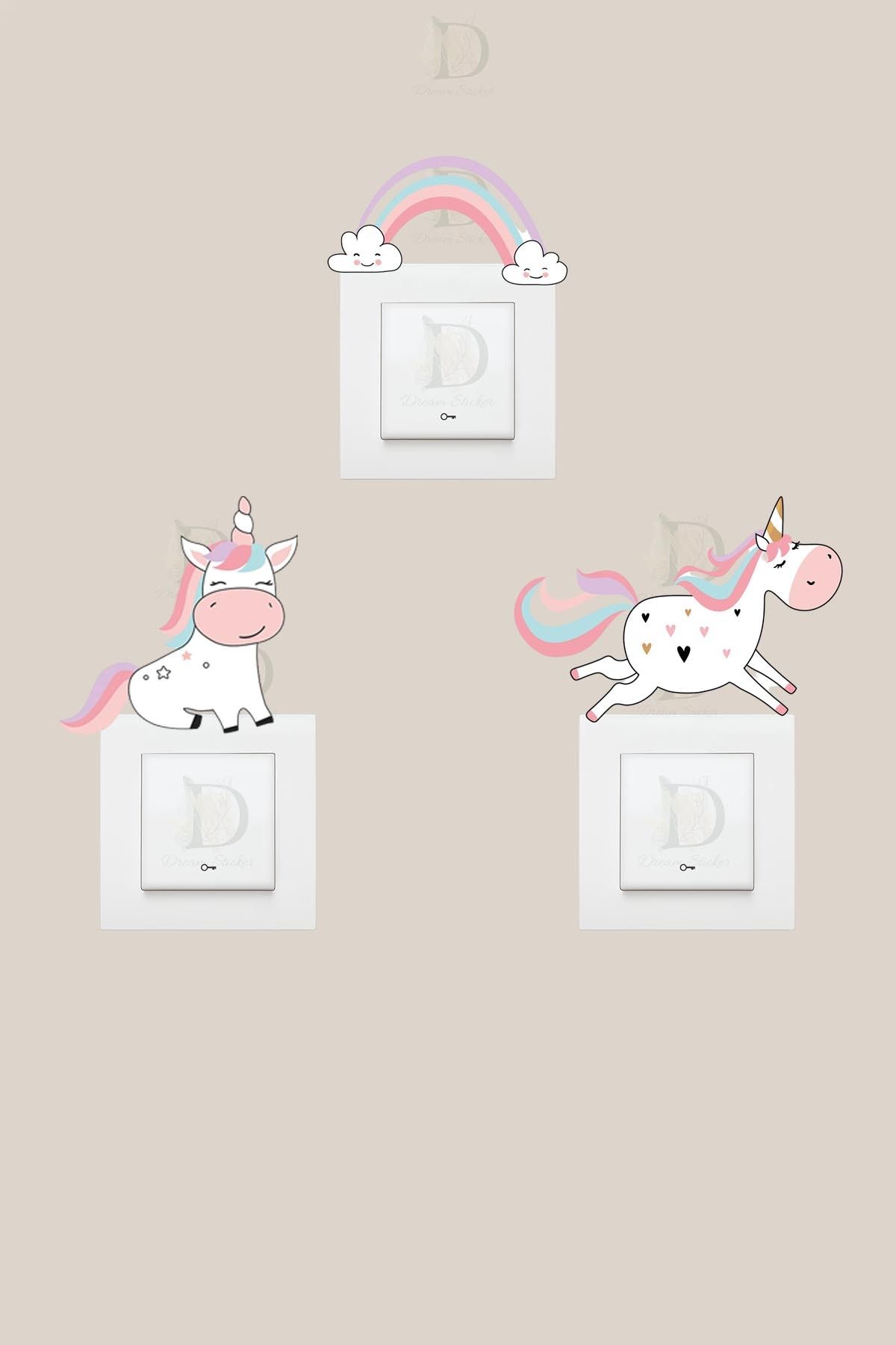KT Decor Gökkuşağı ve Unicorn Çocuk Odası 3'lü Priz Sticker Seti