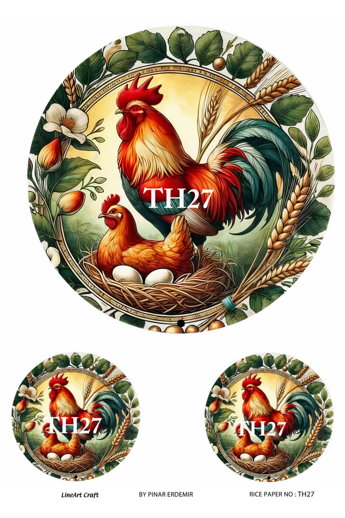 LİNEART Tavuk Horoz Serisi TH27 Renkli Horoz Desenli 29*42 cm Pirinç Dekopaj