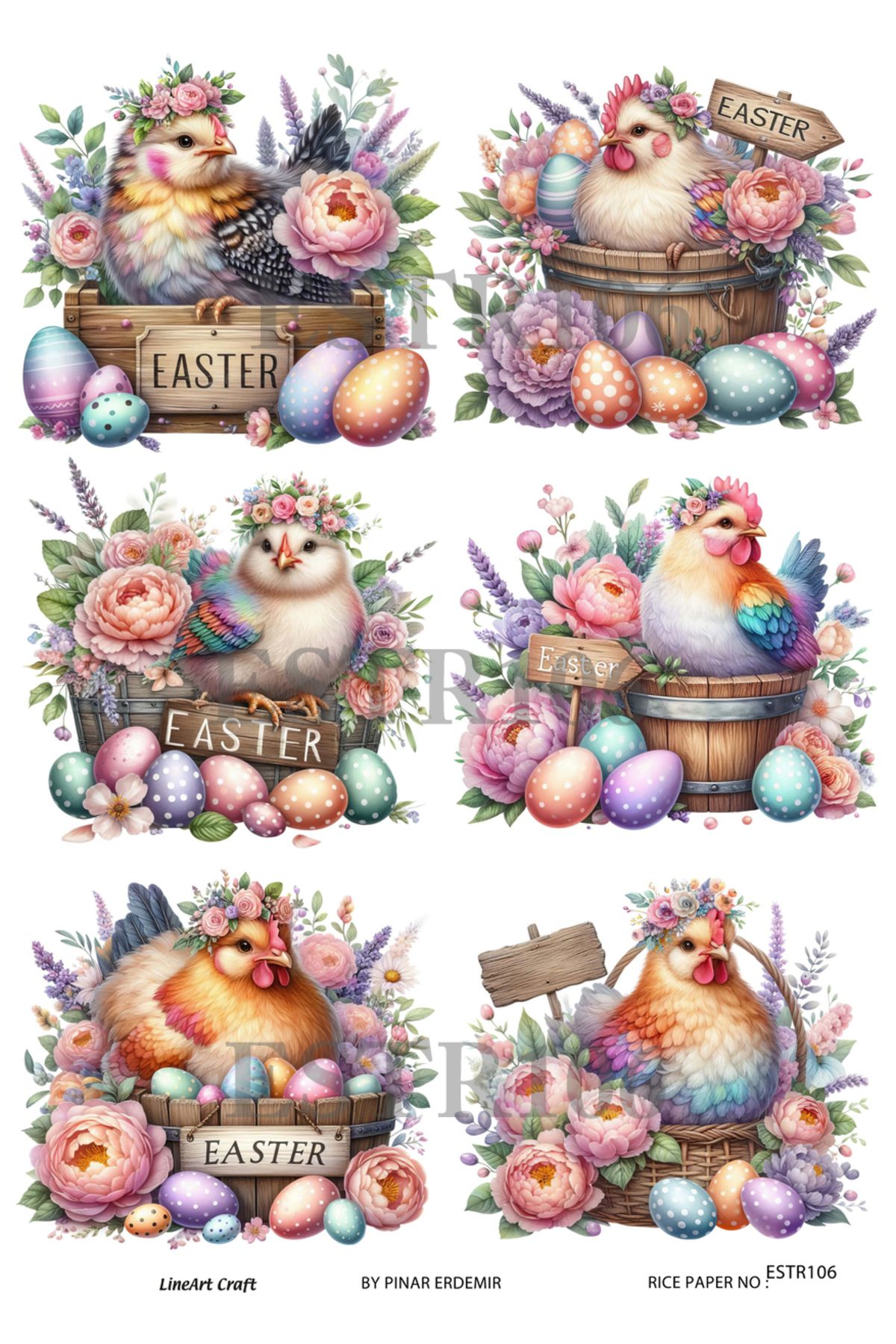LİNEART Paskalya Serisi ESTR106 Horoz, Tavuk, Paskalya Yumurtası29*42 cm Pirinç Dekopaj