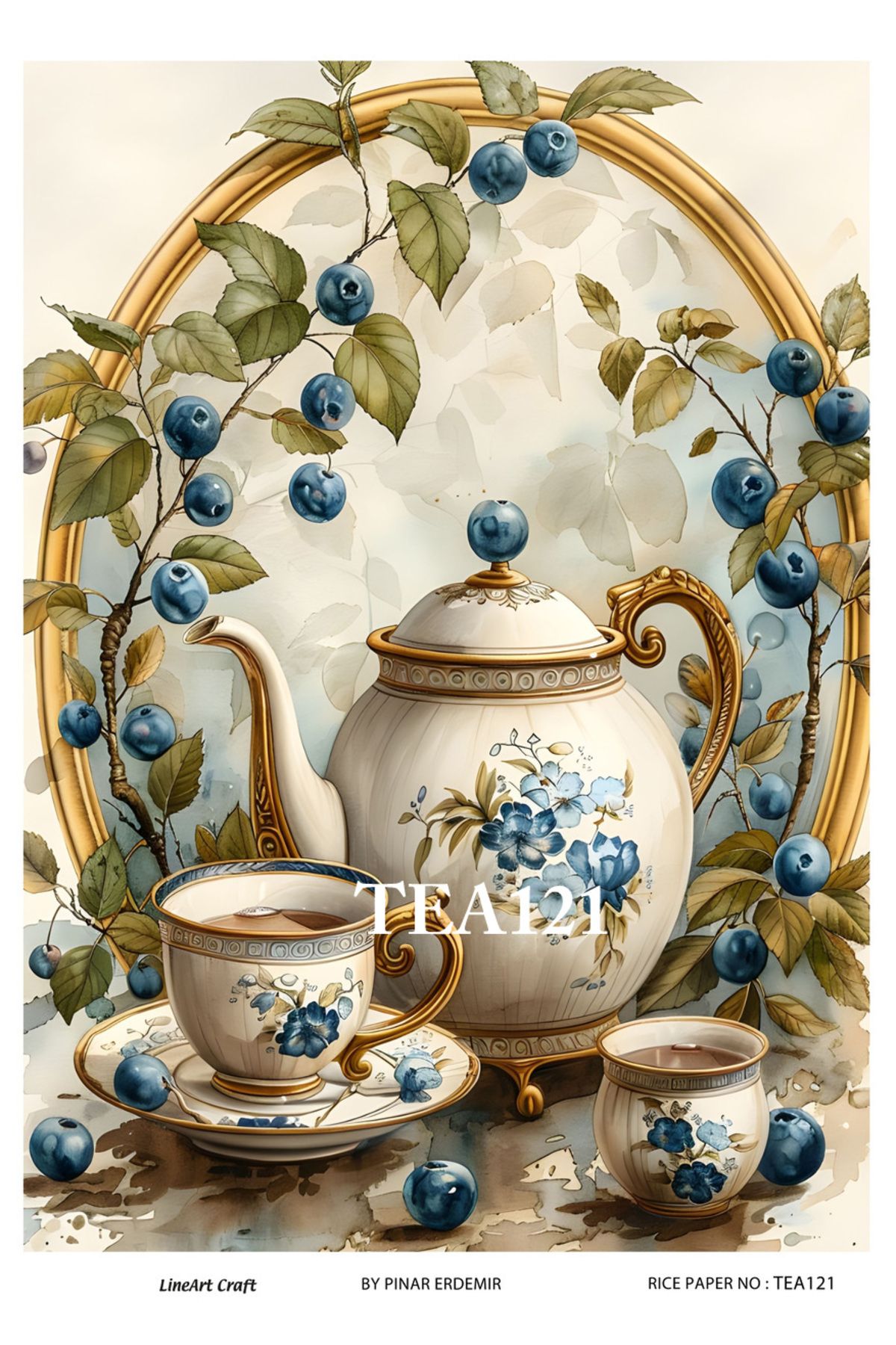 LİNEART Çay Partisi Serisi TEA121 Fincan, Meyva, Yabanmersini Desenli 29*42 cm Pirinç Dekopaj