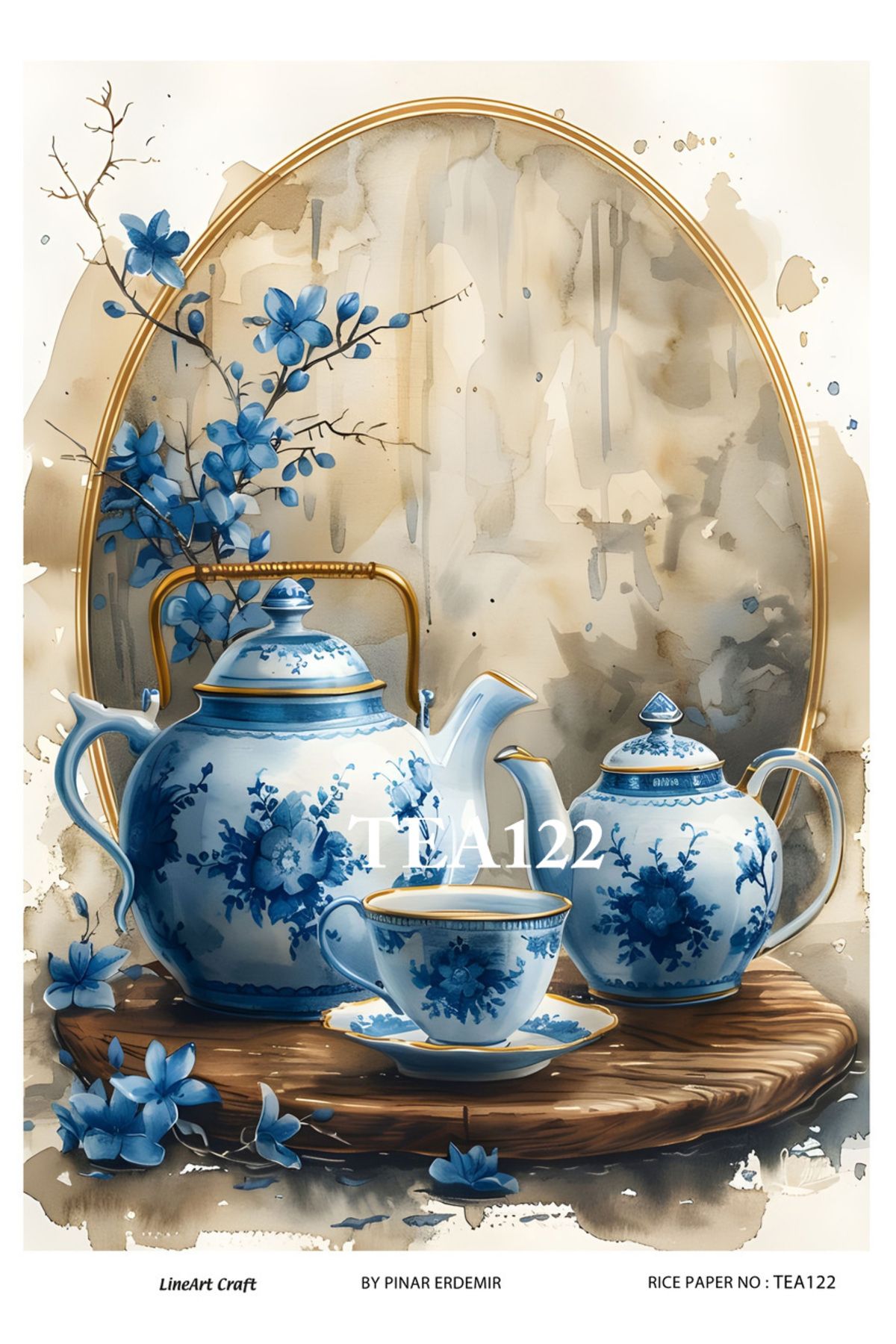 LİNEART Çay Partisi Serisi TEA122 Mavi Beyaz, Fincan, Çiçek Desenli 29*42 cm Pirinç Dekopaj