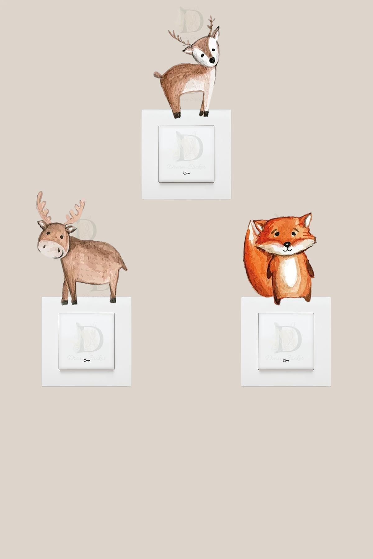 KT Decor Woodland Hayvan Dünyası Pastel Renk Çocuk Odası 3'lü Priz Sticker Seti