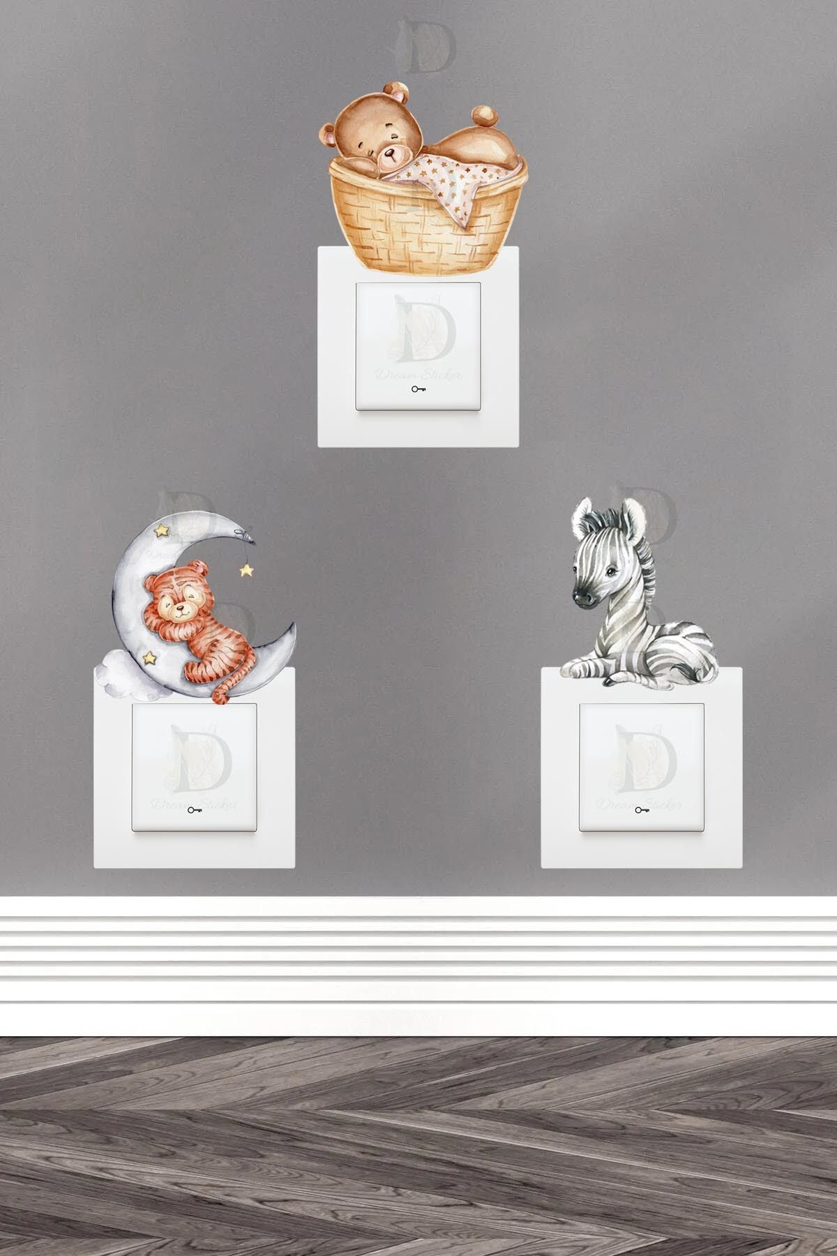 KT Decor Ayıcık Kaplan ve Zebra Pastel Renk 3'lü Priz Sticker Seti
