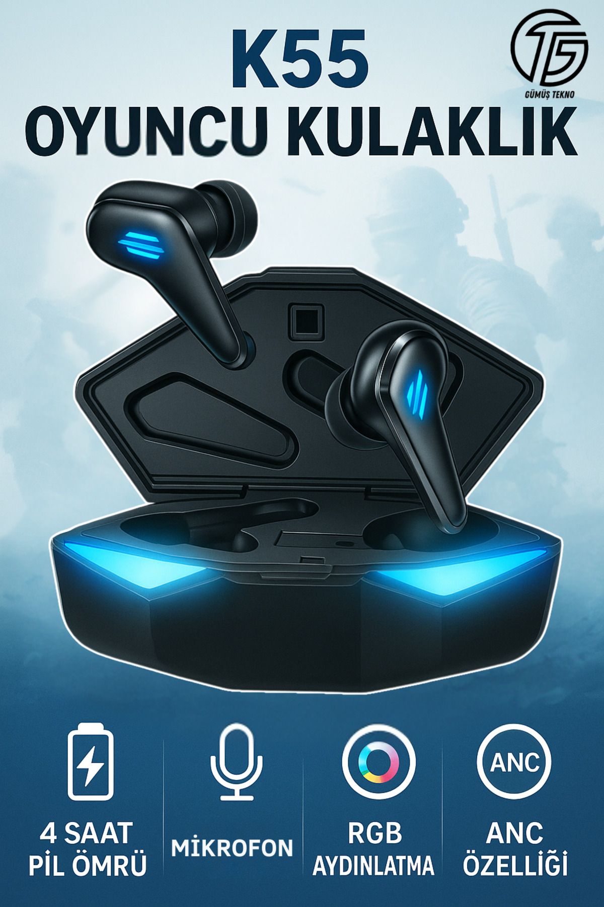 GÜMÜŞTEKNO K-55 RGB Gaming Kulaklık ANC Özellik Oyuncu Kablosuz Bluetooth Kulaklık Samsung Galaxy A73 Uyumlu