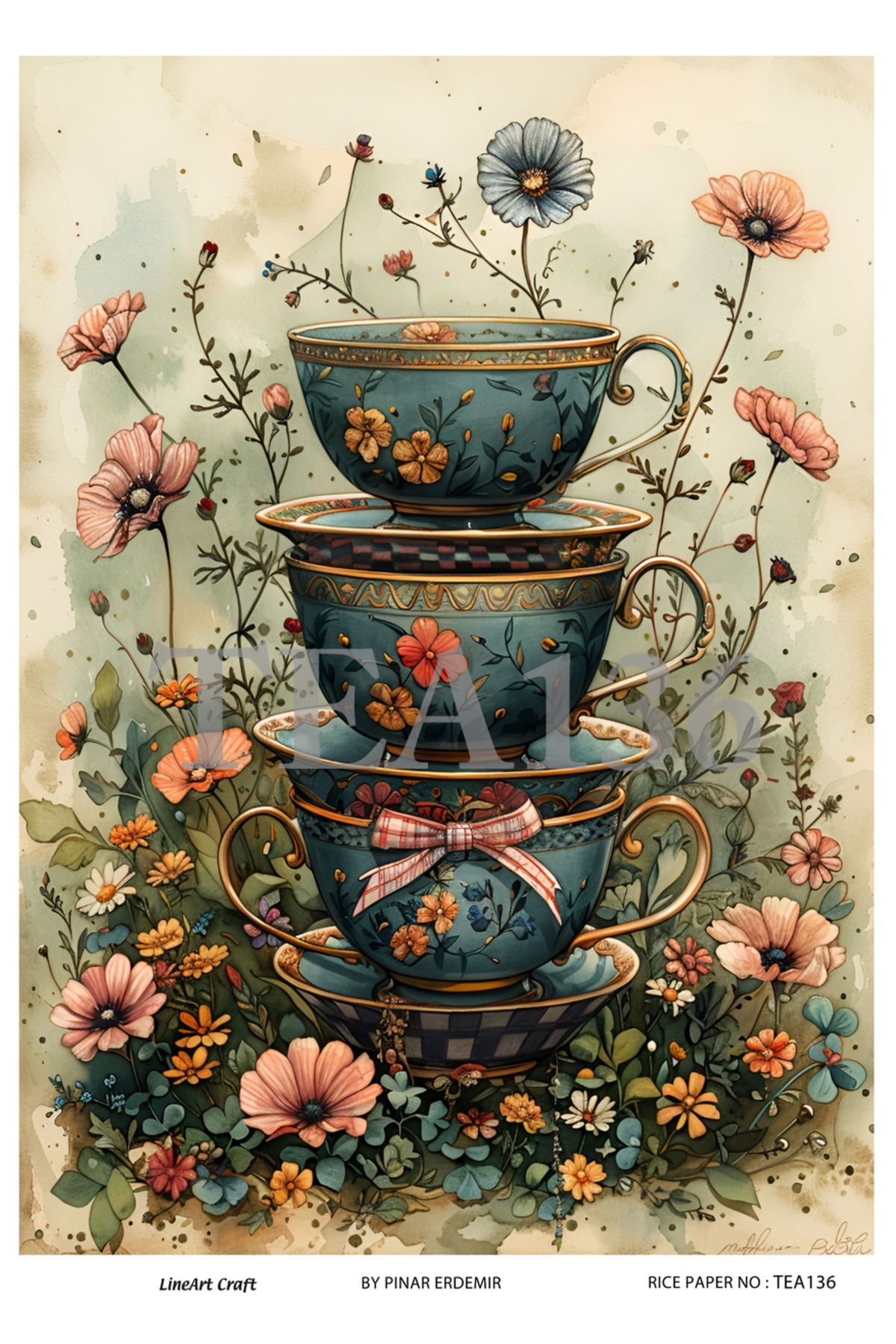 LİNEART Çay Partisi Serisi TEA136 Çiçek, Fincan Desenli 29*42 cm Pirinç Dekopaj