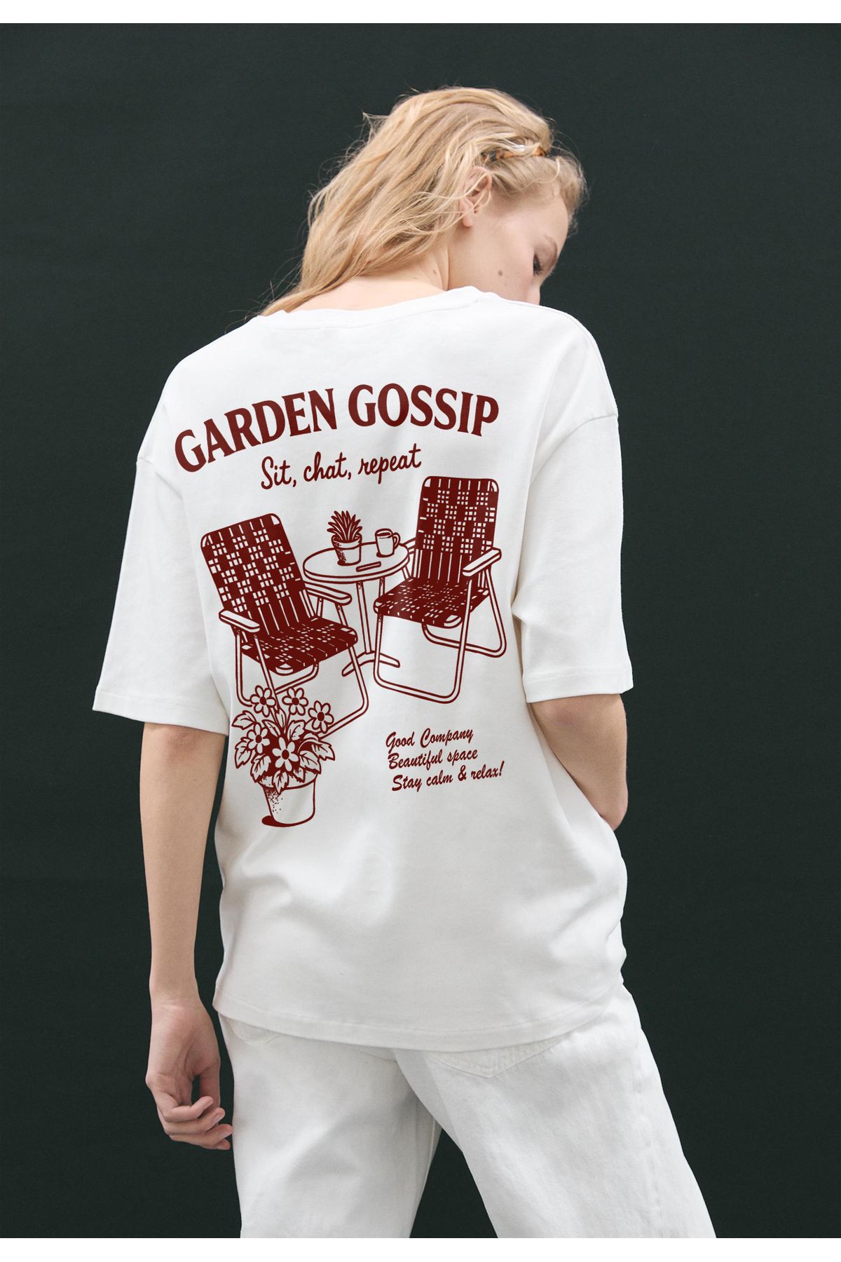 Lia Blanco's Beyaz %100 Pamuk Sırt ve Ön Baskılı Regular/Rahat Kesim Örme T-Shirt