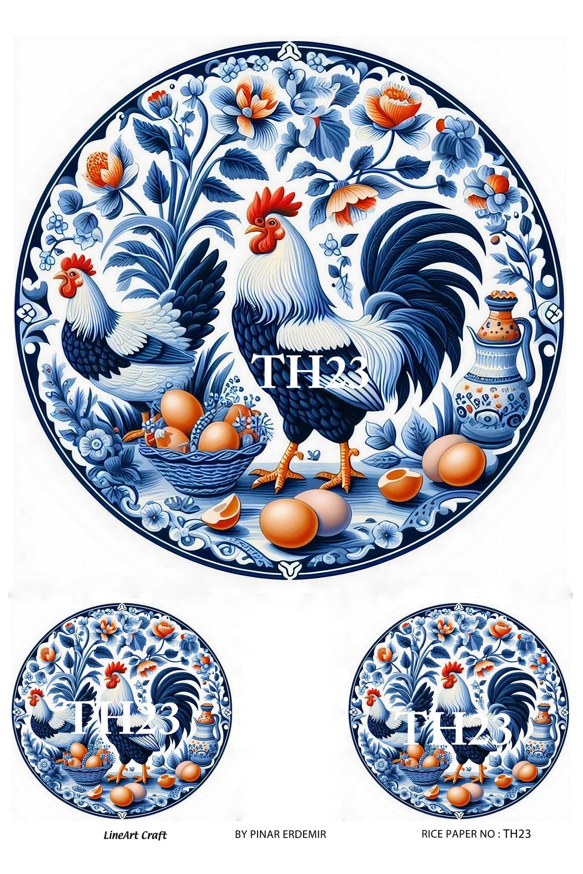LİNEART Tavuk Horoz Serisi TH23 Mavi Beyaz, Horoz Desenli 29*42 cm Pirinç Dekopaj