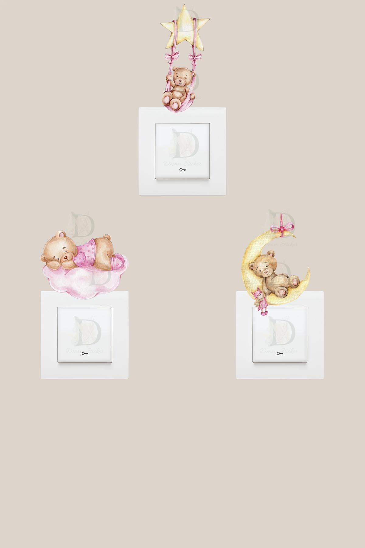 KT Decor Pembe Ayıcıklar Kız Çocuk Odası 3'lü Priz Sticker Seti