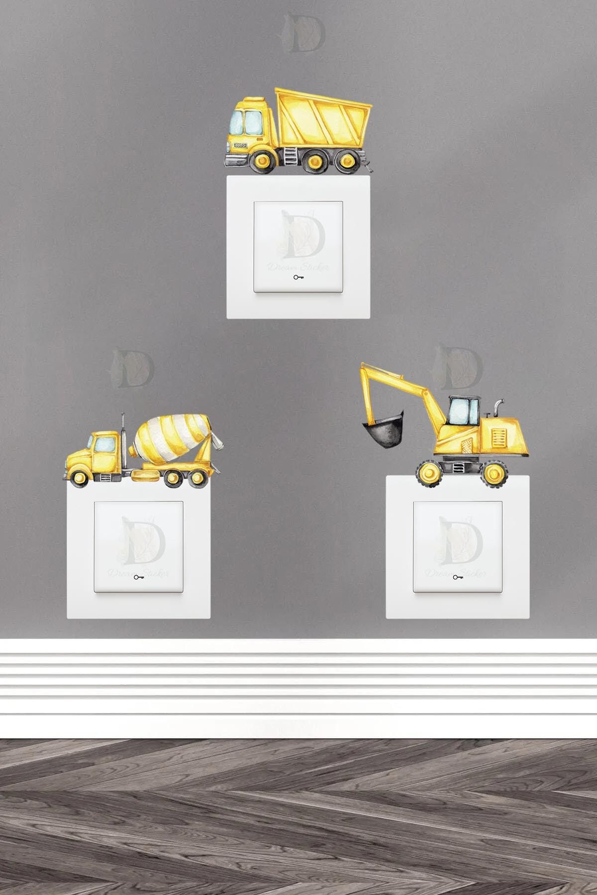 KT Decor Kamyon Dozer ve Kepçe Çocuk Odası 3'lü Priz Sticker Seti