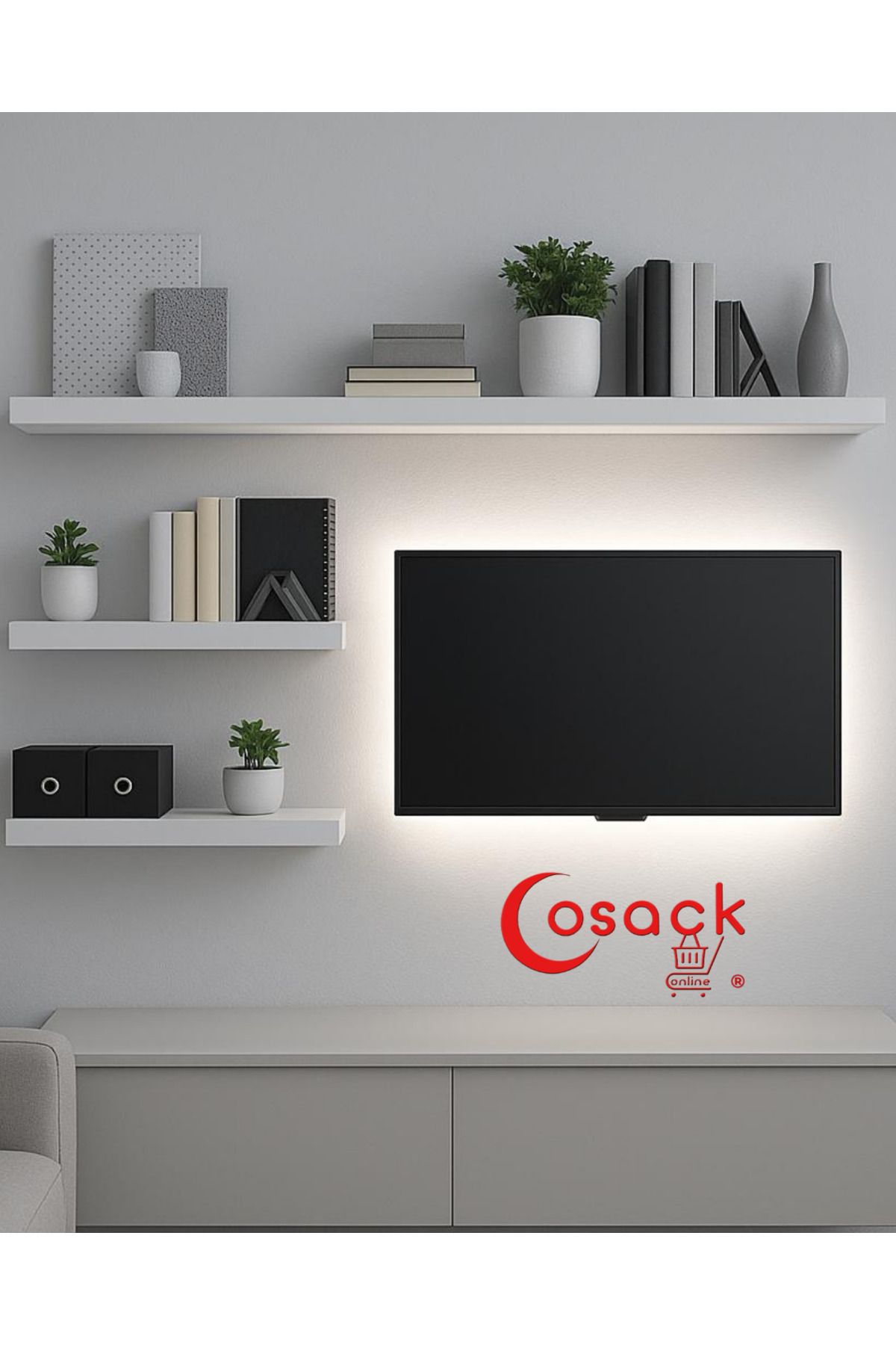 Cosack Online 3'lü Beyaz Uçan MDF Duvar Rafı, Gizli Bağlantılı Modern Tv Rafı,Salon Dekorasyonu Şıklık ve Düzen