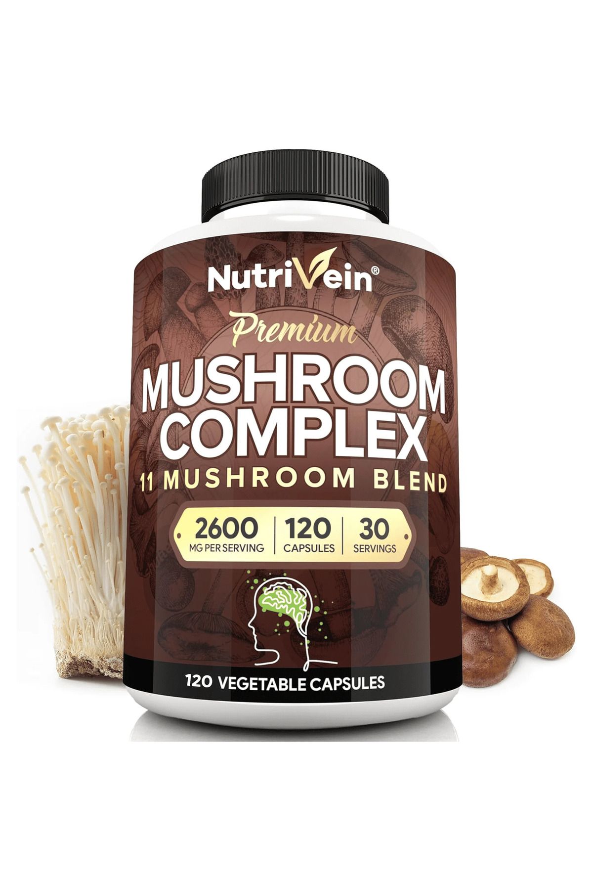 nutrivein Mushroom Nootropic Mushroom Complex Lion's Mane Cordyceps Chaga Reishi Turkey Tail,Maitake